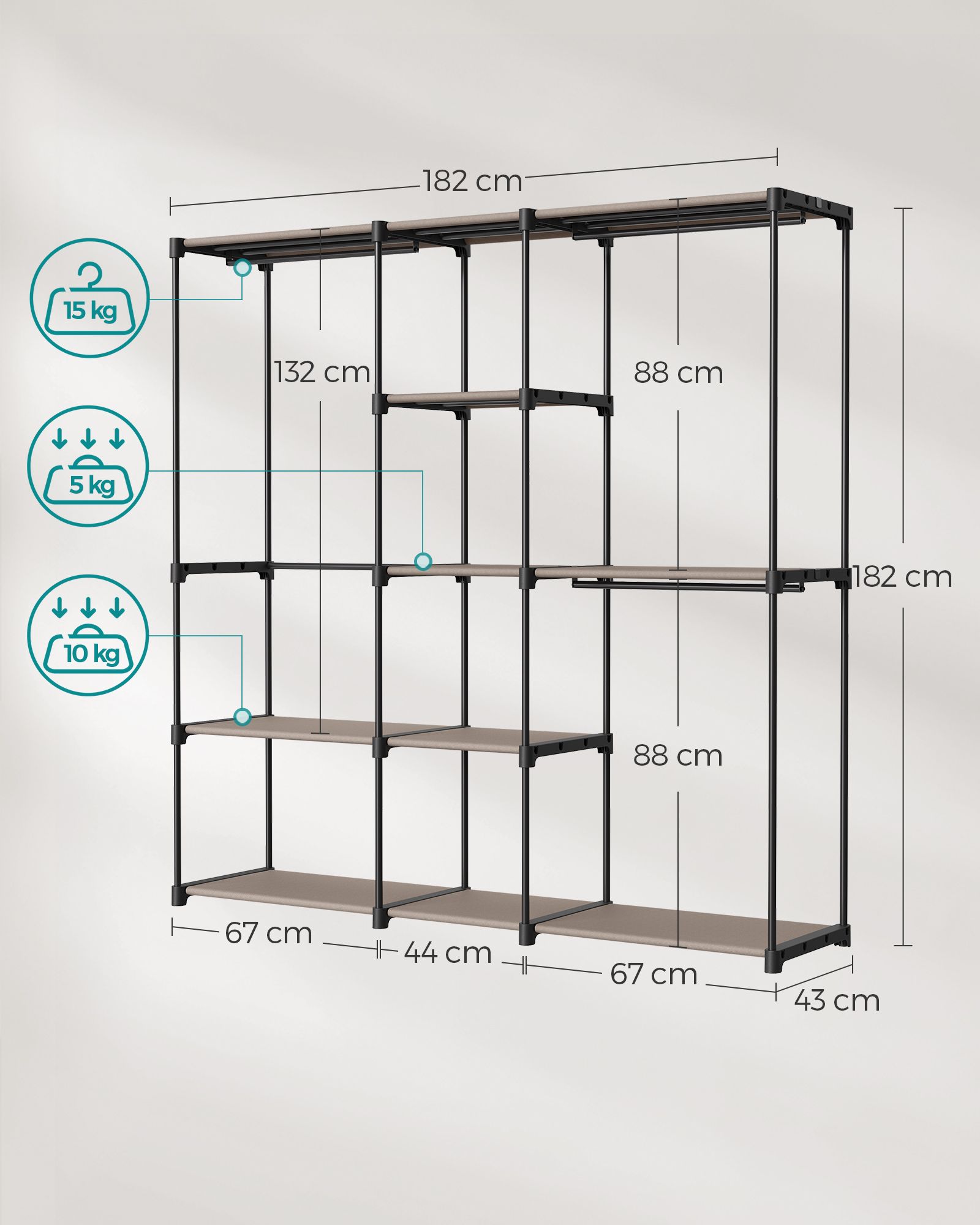 SONGMICS Kleiderschrank in Taupe – Freistehende Garderobe mit Kleiderstangen SONGMICS Kleiderschrank in Taupe – Freistehende Garderobe mit Kleiderstangen