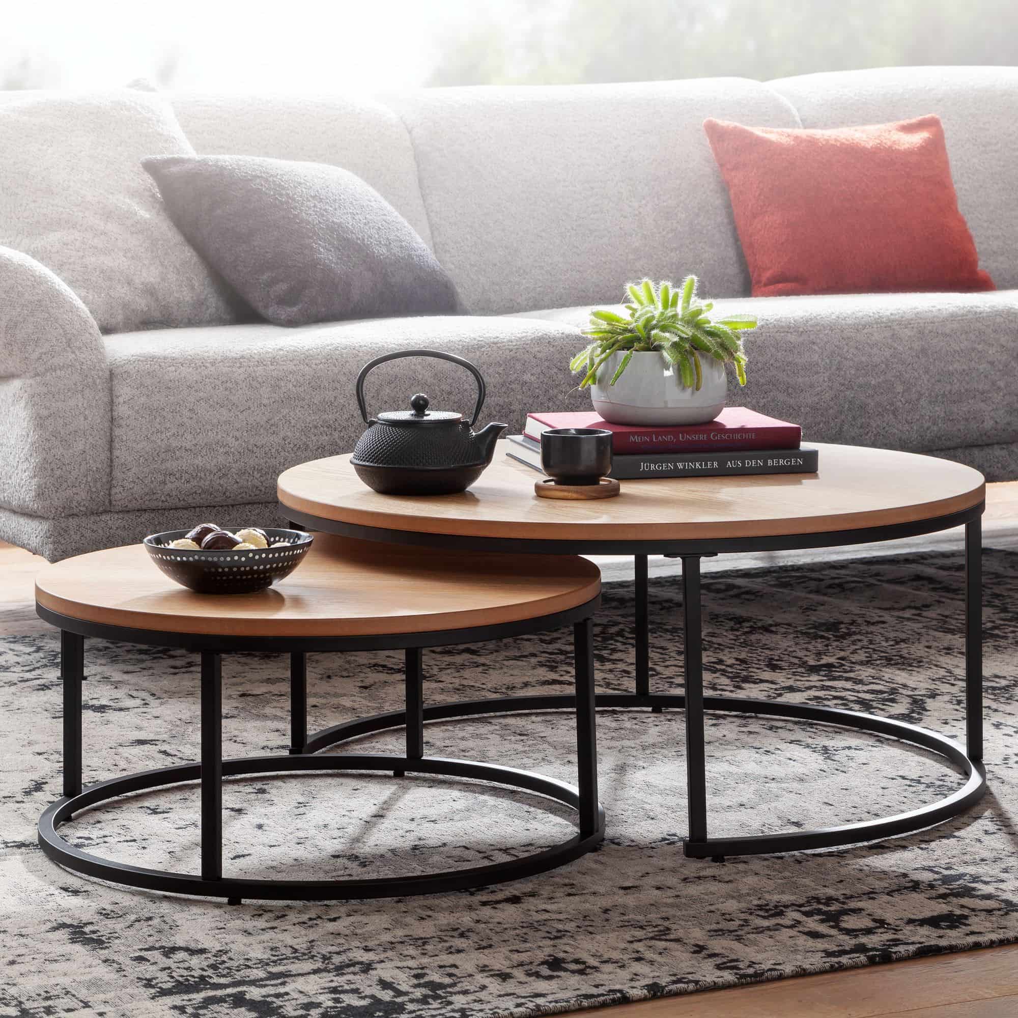 Wohnling Couchtisch-Set rund Eiche – 2er Metall & Holz Wohnling Couchtisch-Set rund Eiche – 2er Metall & Holz