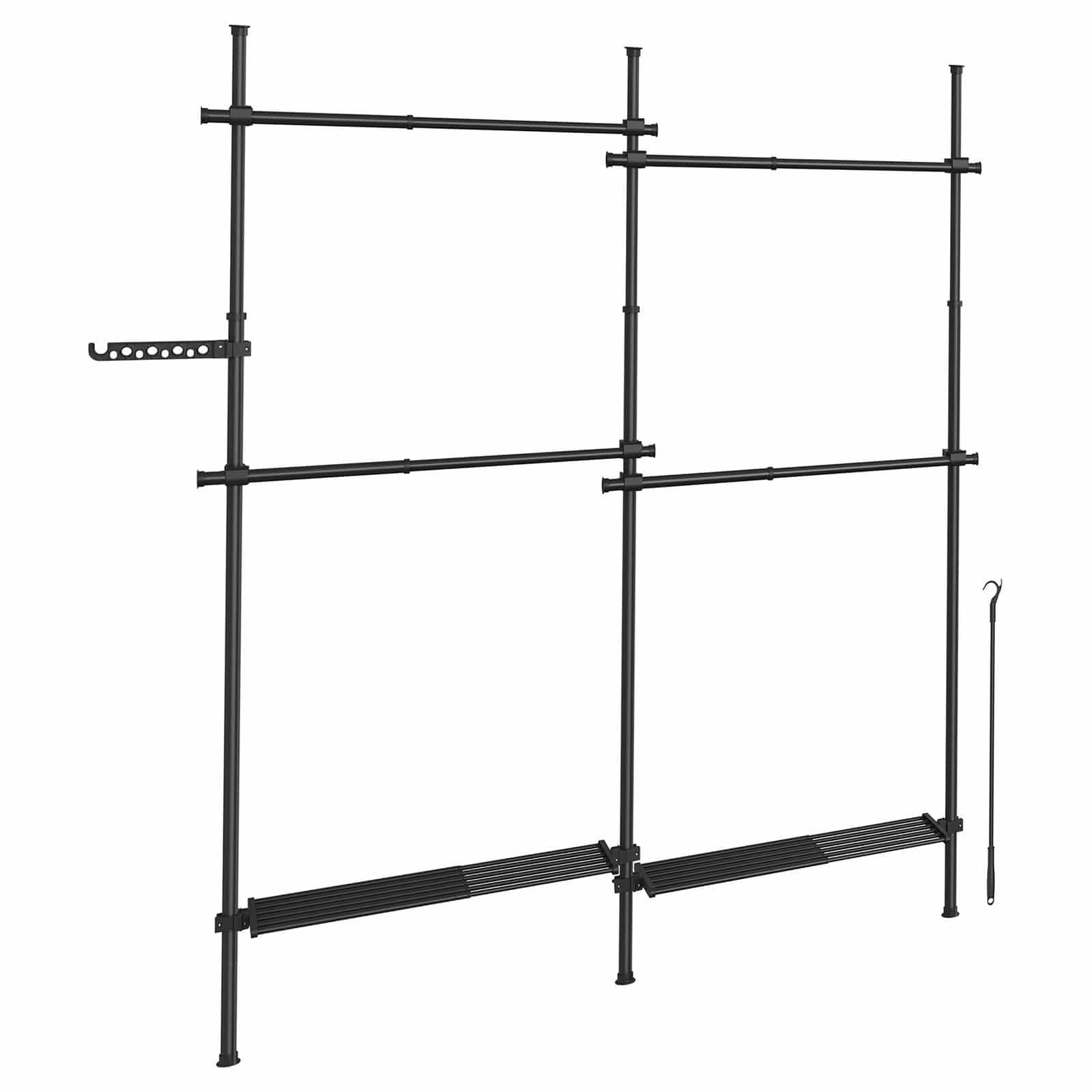 3-stufiger Kleiderständer, höhen- und breitenverstellbar, offene Garderobe mit 4 Kleiderstangen und 2 Ablagen 3-stufiger Kleiderständer, höhen- und breitenverstellbar, offene Garderobe mit 4 Kleiderstangen und 2 Ablagen