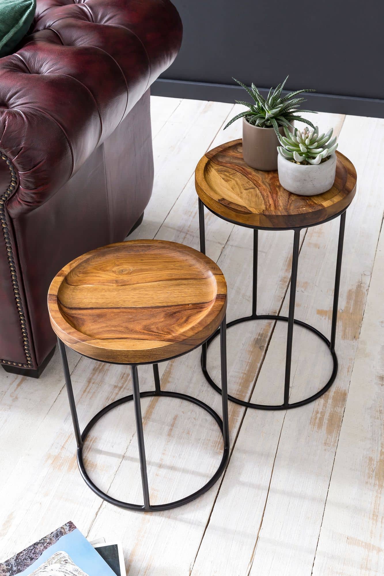 47399-WOHNLING-2er-Set-Beistelltisch-rund-30x30x5_5 Design Satztisch WL5.661 Sheesham Metall Beistelltisch 2er Set Klein