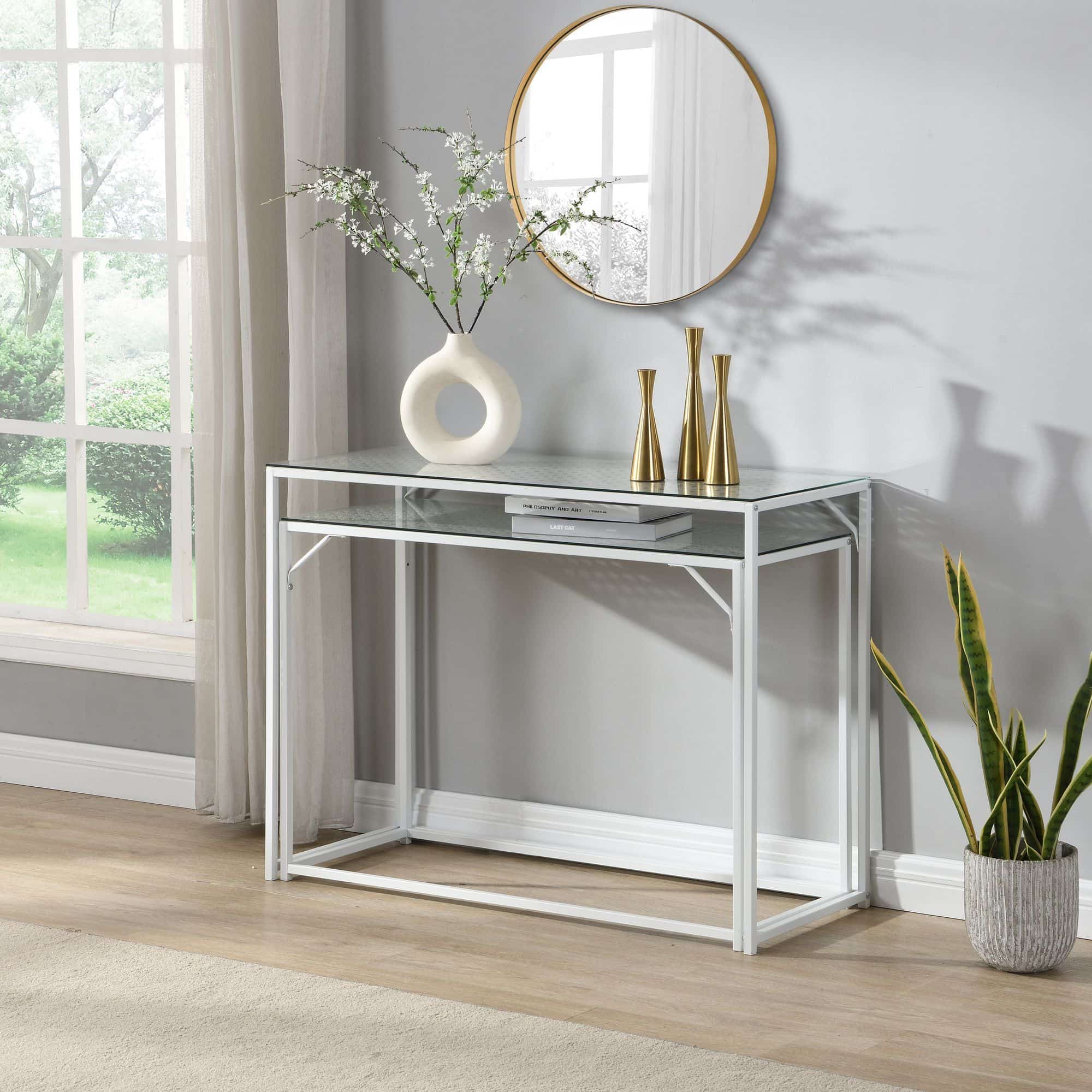 Konsolentisch Set 2er Weiß Metall mit Glasplatte Konsolentisch Set 2er Weiß Metall mit Glasplatte