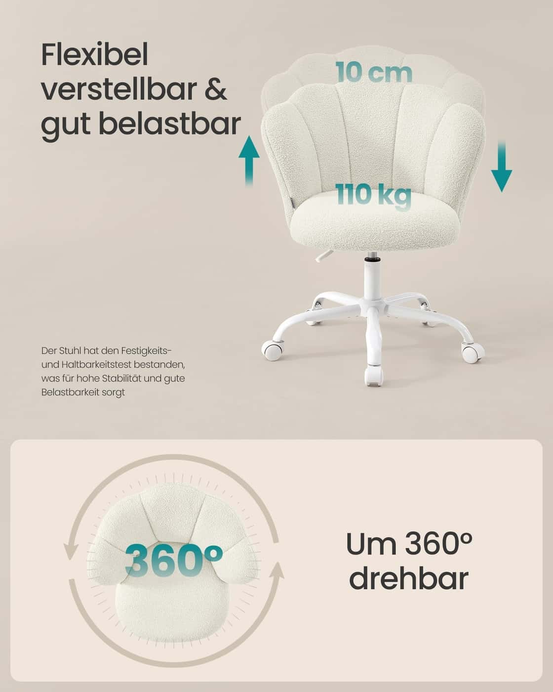 Bürostuhl Schminktischstuhl drehbar höhenverstellbar 110 kg cremeweiß Bürostuhl Schminktischstuhl drehbar höhenverstellbar 110 kg cremeweiß