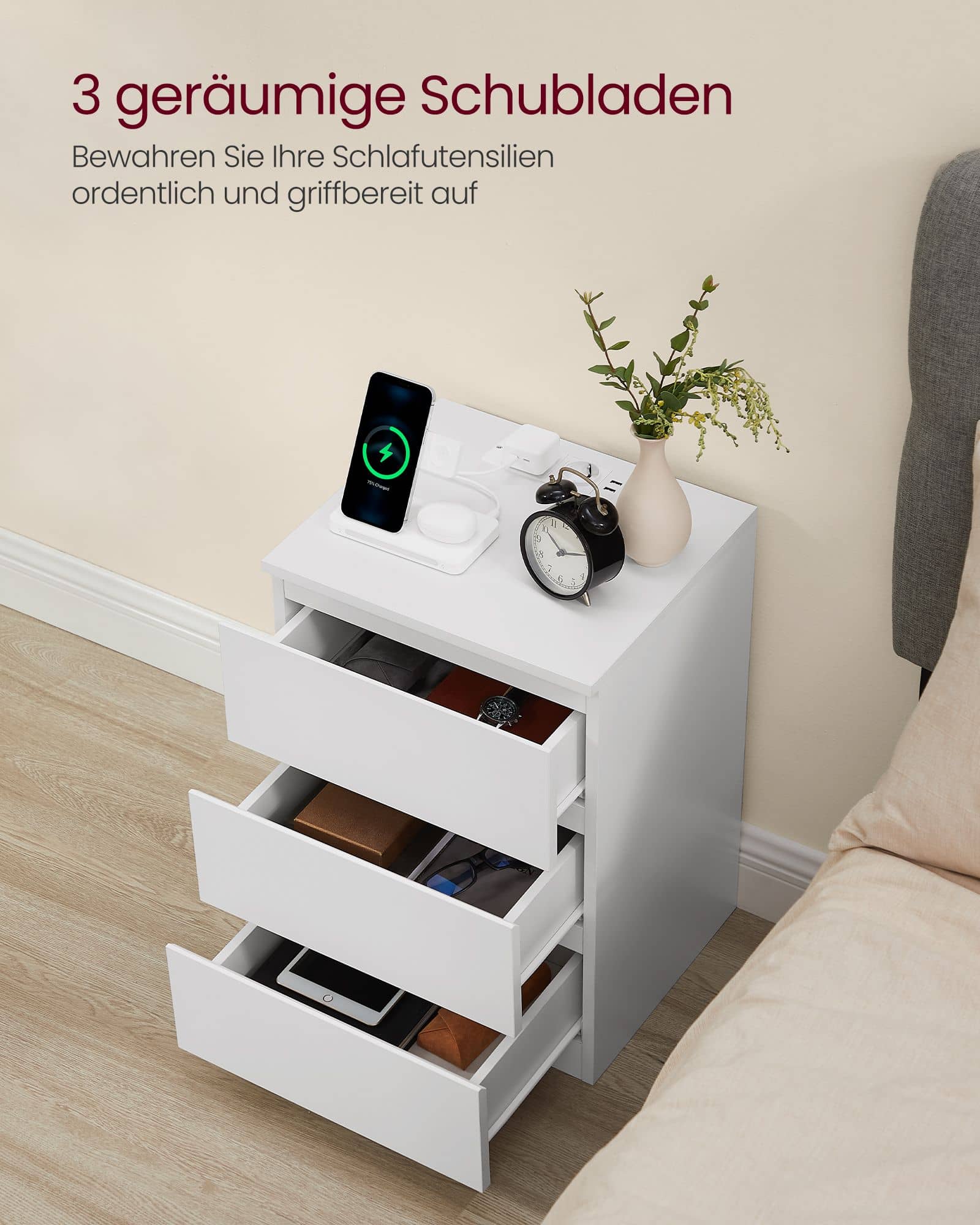 Nachttisch 2er Set 2 AC-Steckdosen modern wolkenweiß Nachttisch 2er Set 2 AC-Steckdosen modern wolkenweiß