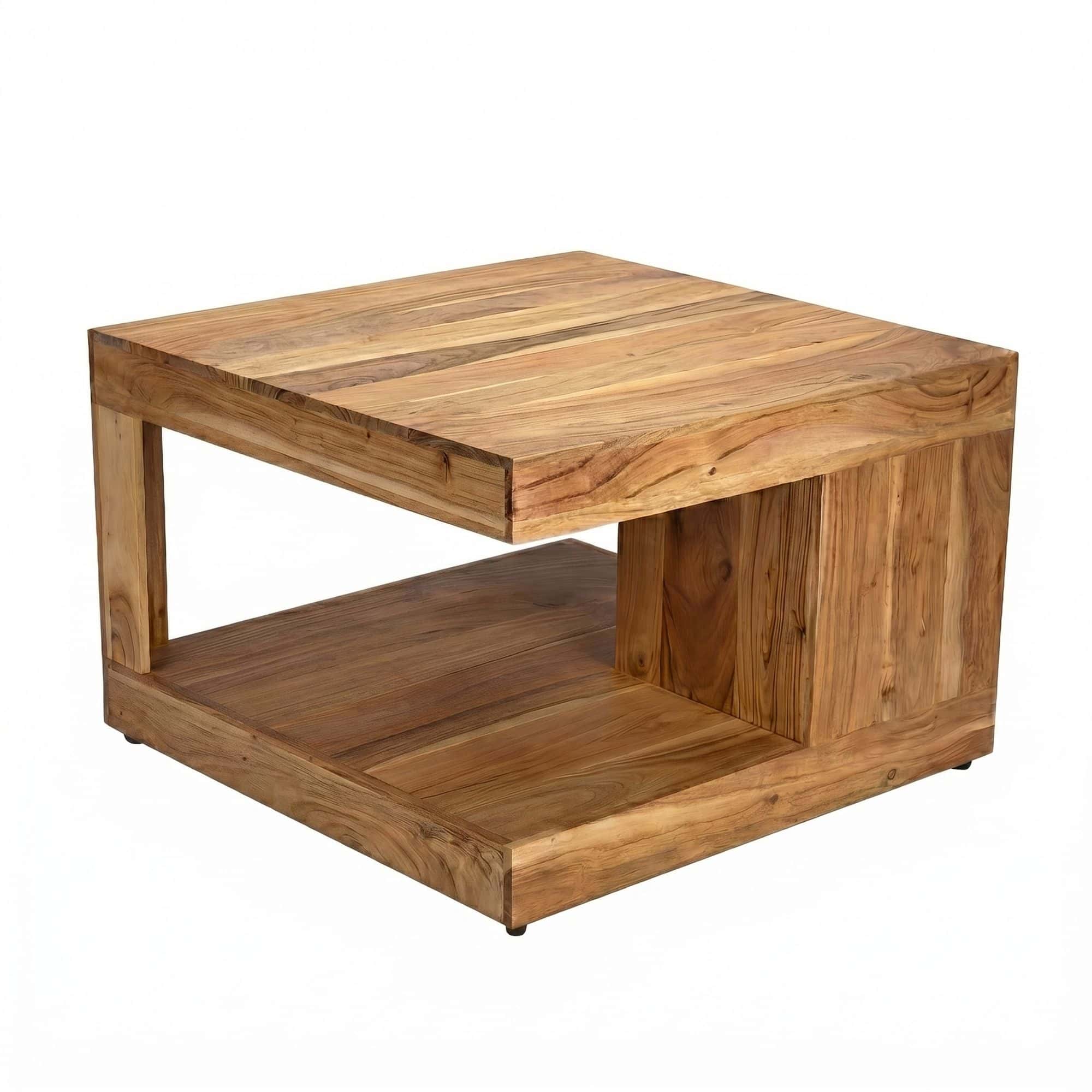 Couchtisch Akazie Massivholz 60cm - Quadratischer Wohnzimmertisch mit Ablagefach - Design Sofatisch Holz - Offener Loungetisch - Natur Beistelltisch Handmade