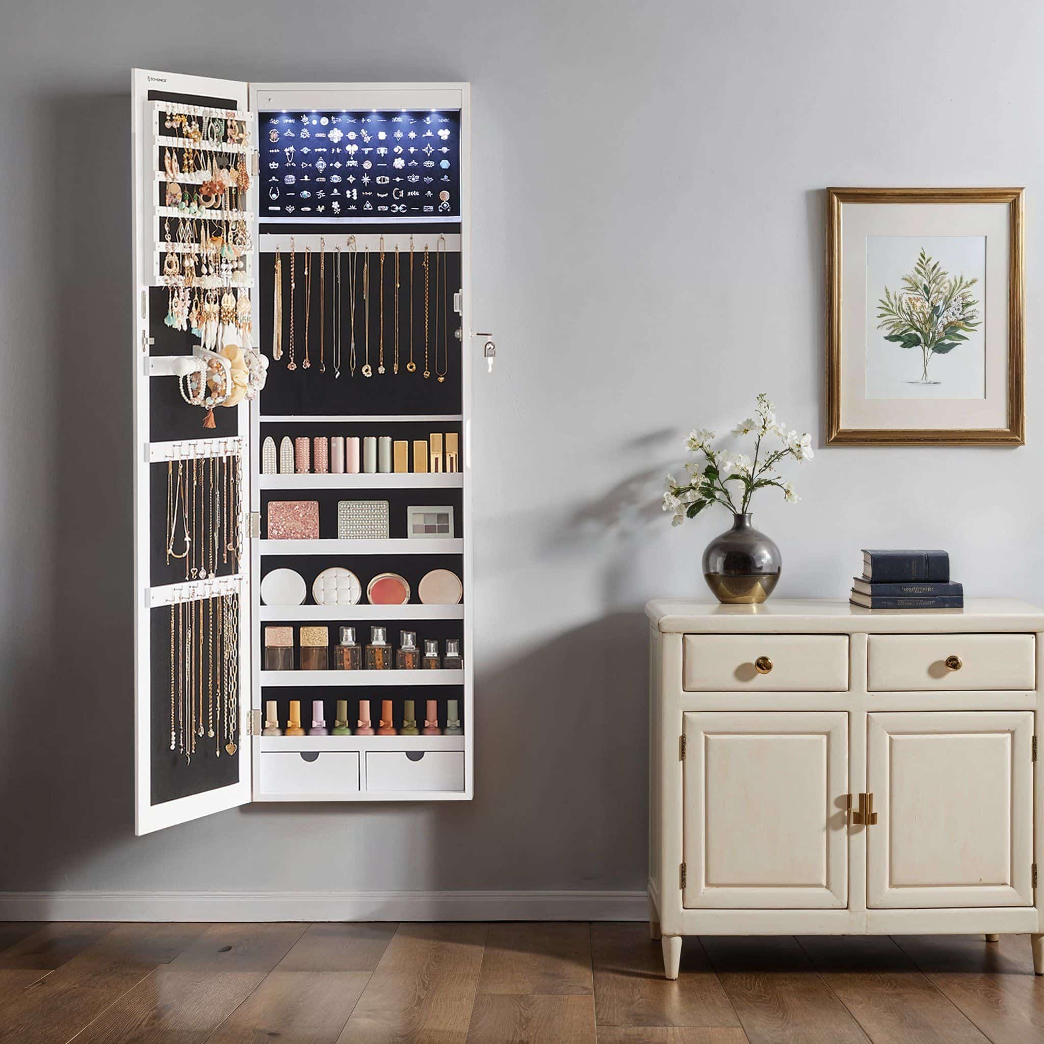 Schmuckschrank hängend, Wandspiegel, 6 LED-Glühbirnen Schmuckschrank hängend, Wandspiegel, 6 LED-Glühbirnen