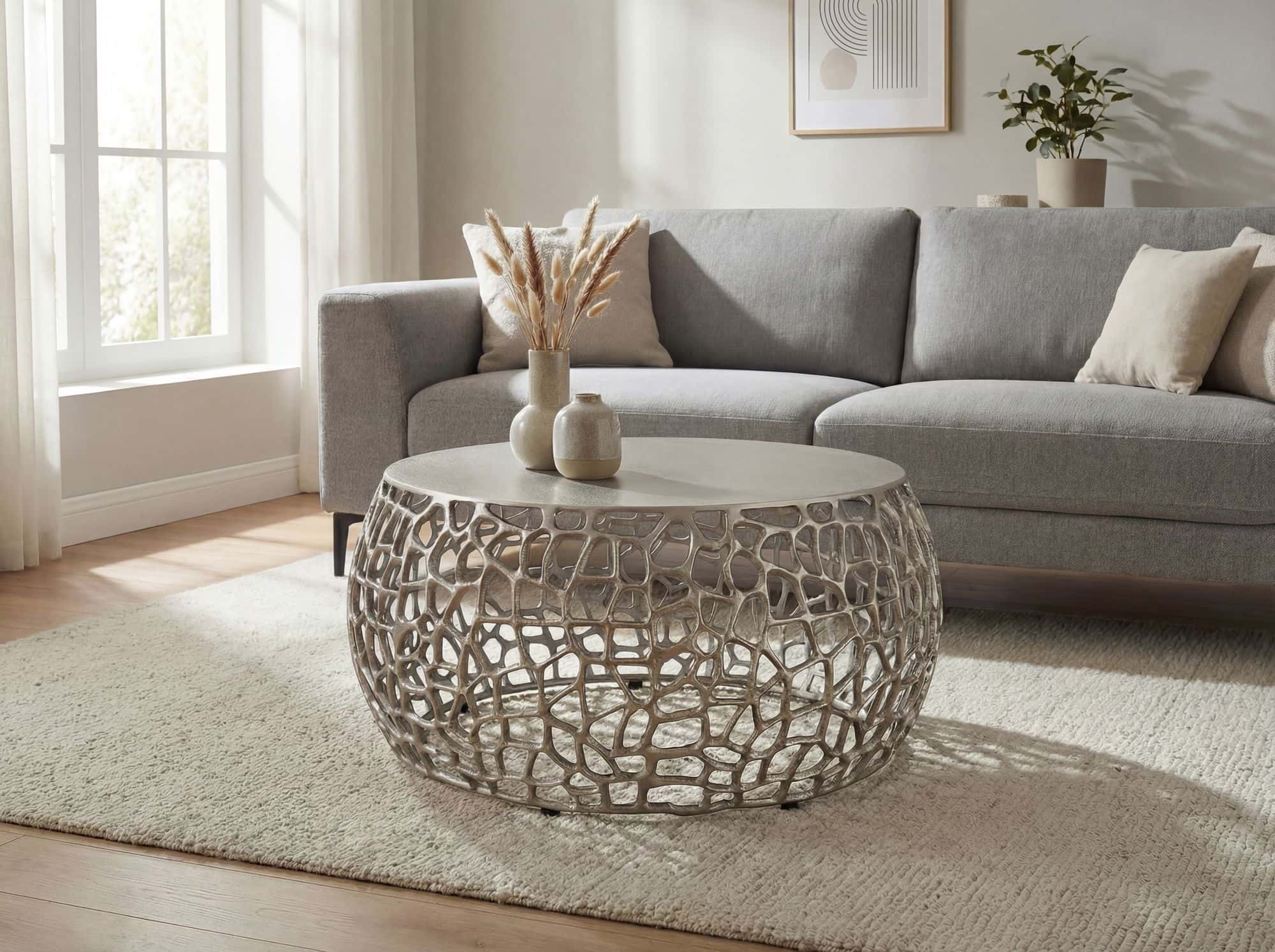 Couchtisch Metall Silber 60cm Sofatisch Aluminium Rund - Design Wohnzimmertisch mit Ast Struktur - Kleiner Kaffeetisch Modern - Beistelltisch Anstelltisch Wohnzimmer Handmade