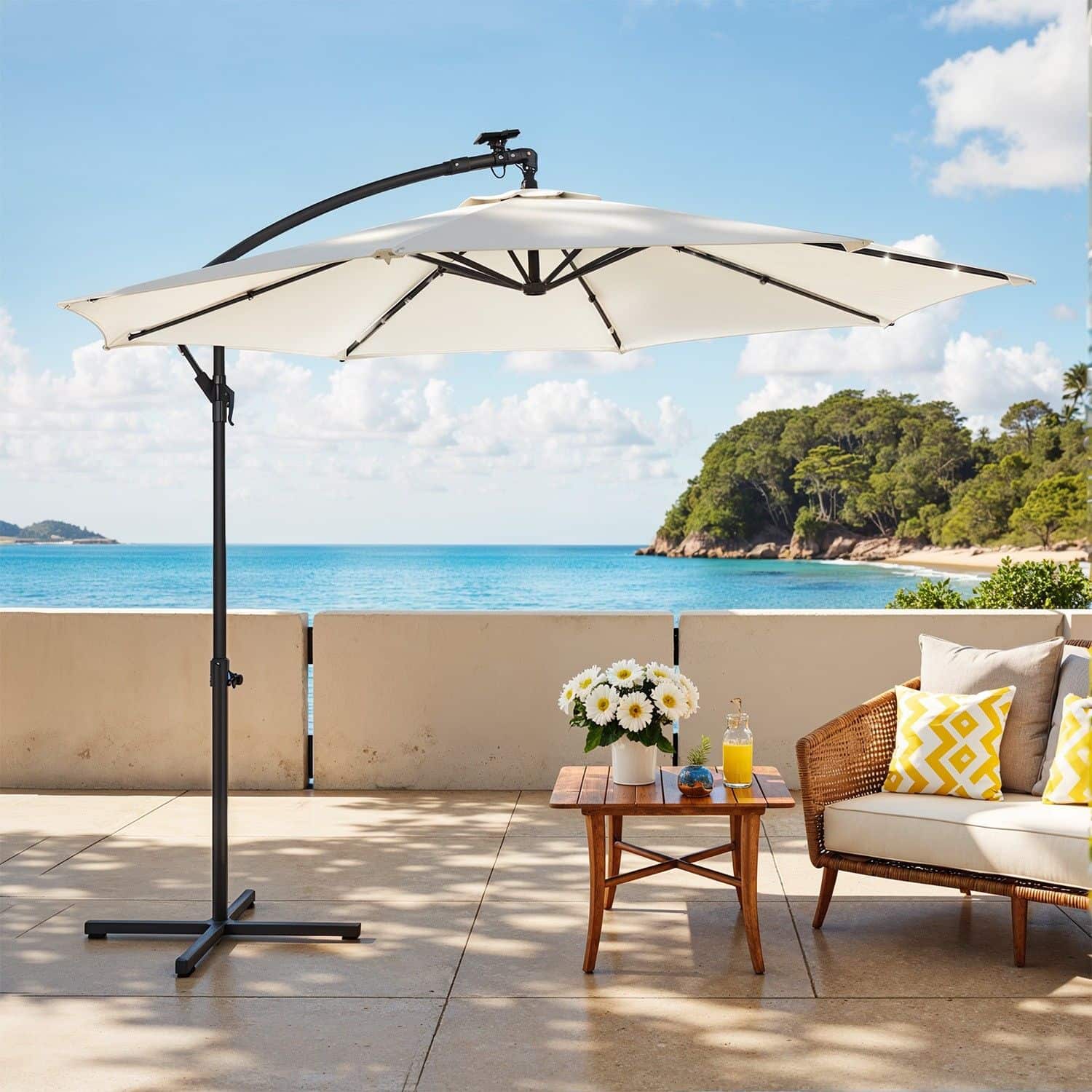 Sonnenschirm mit LED-Solar-Beleuchtung, Ampelschirm 300 cm d, 32 LED-Lämpchen Sonnenschirm mit LED-Solar-Beleuchtung, Ampelschirm 300 cm d, 32 LED-Lämpchen