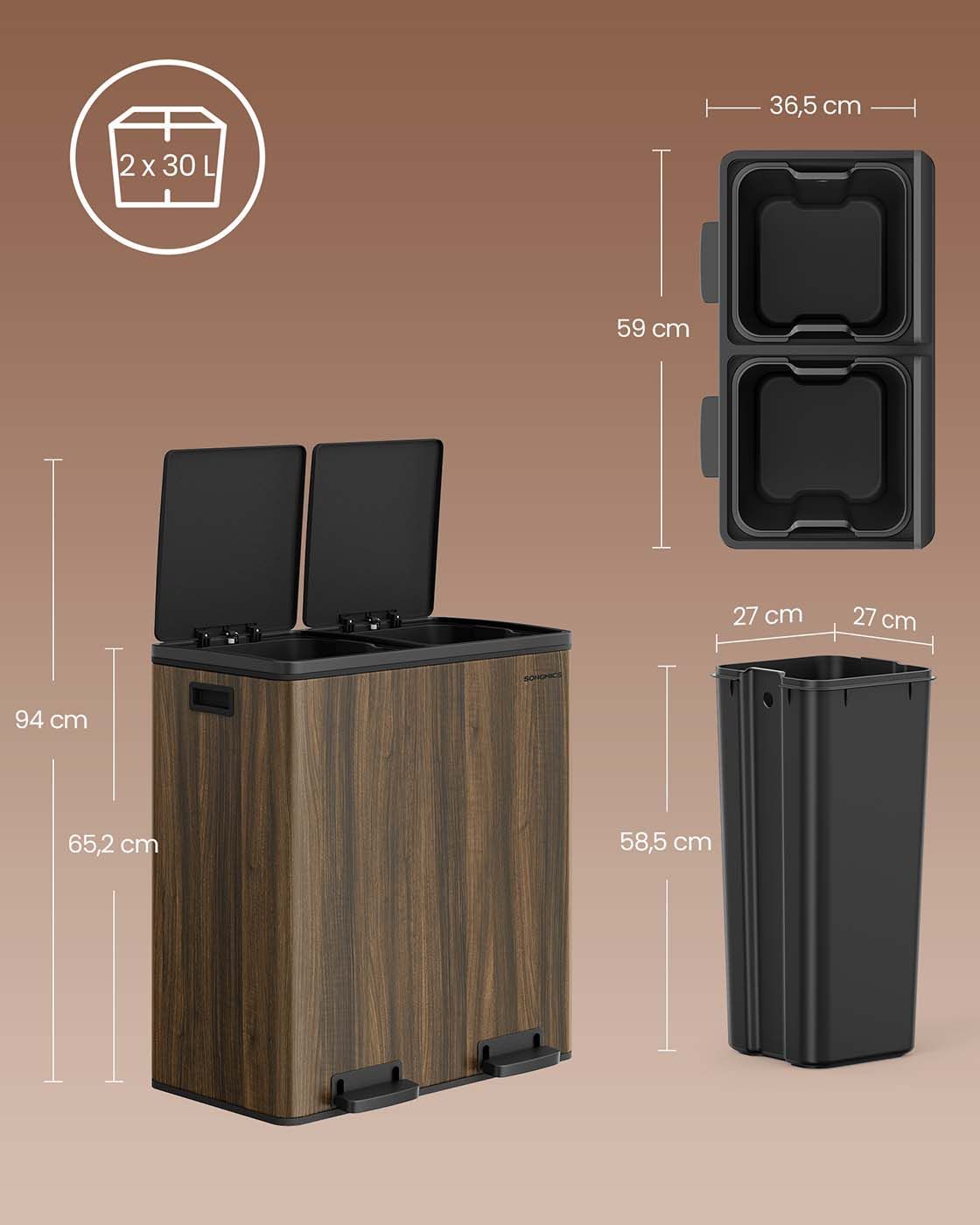 Mülleimer mit 2 Fächern und 15 Müllsäcken Softclose dunkelwalnussfarben Mülleimer mit 2 Fächern und 15 Müllsäcken Softclose dunkelwalnussfarben