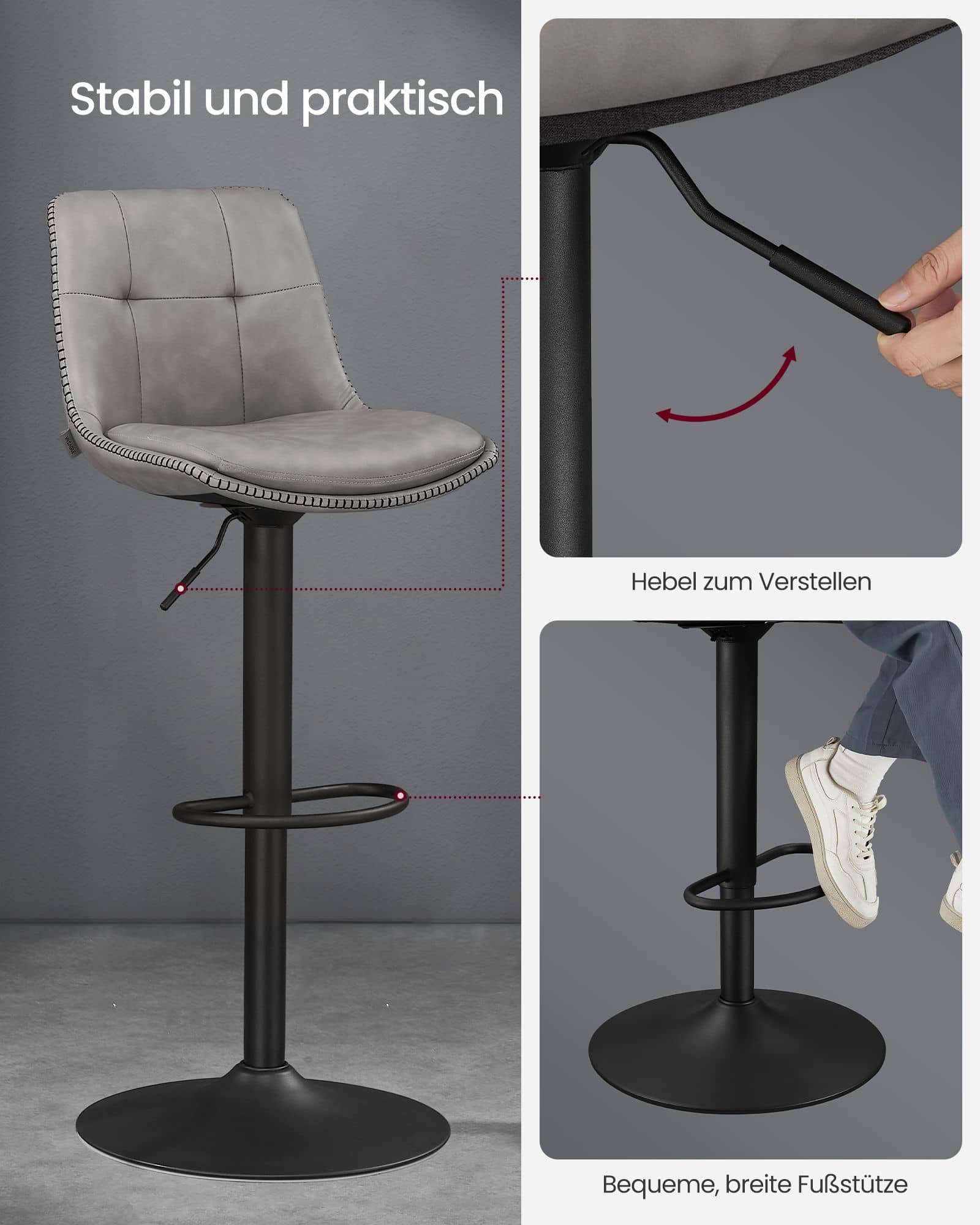 Barhocker 2er Set mit Fußstütze taubengrau
