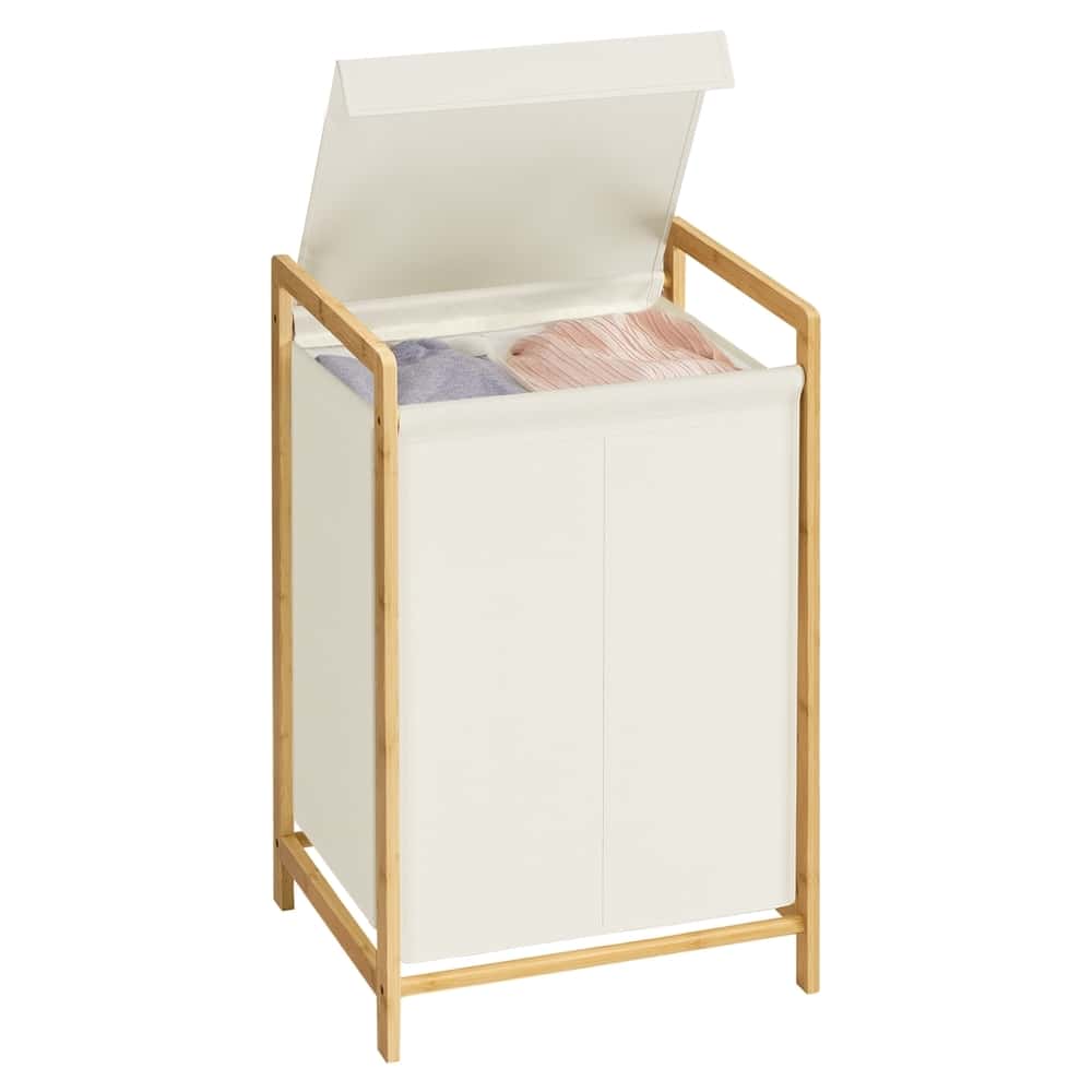 Wäschesammler mit Deckel, 2 Fächer Wäschekorb mit Bambusrahmen, Wäschesack abnehmbar