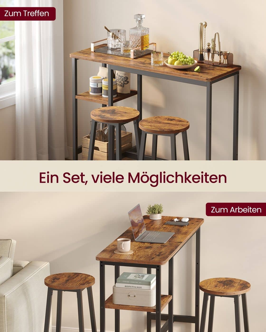 Bartisch Set mit Barhockern und praktischem Aufbewahrungsregal vintagebraun-schwarz Bartisch Set mit Barhockern und praktischem Aufbewahrungsregal vintagebraun-schwarz