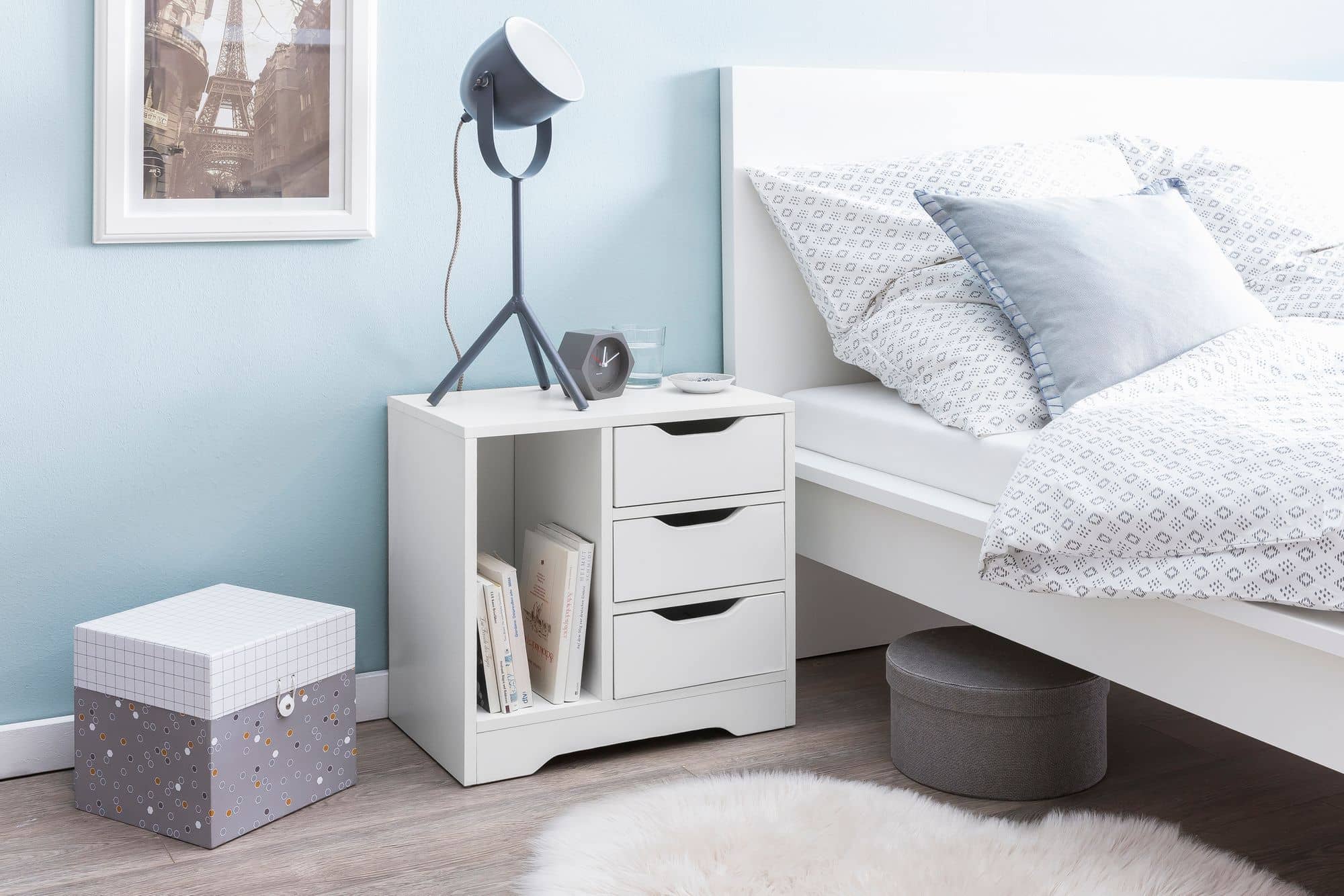 Nachtkonsole WL5.708 49x50x30 cm Weiß Matt 3 Schubladen 1 Ablagefach