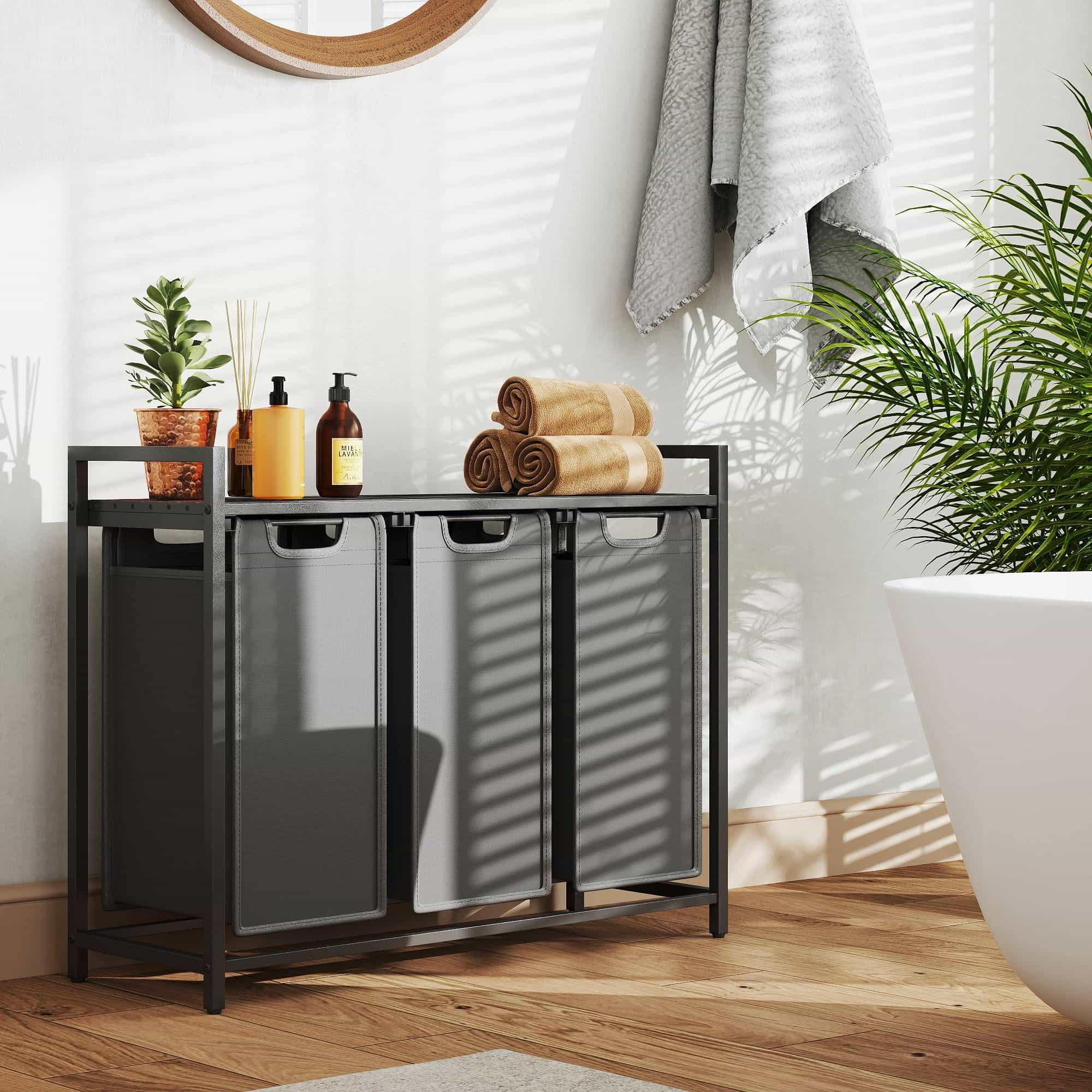 Wäschekorb 3 Fächer, Wäschesammler mit Ablage, Wäschebox Wäschekorb 3 Fächer, Wäschesammler mit Ablage, Wäschebox