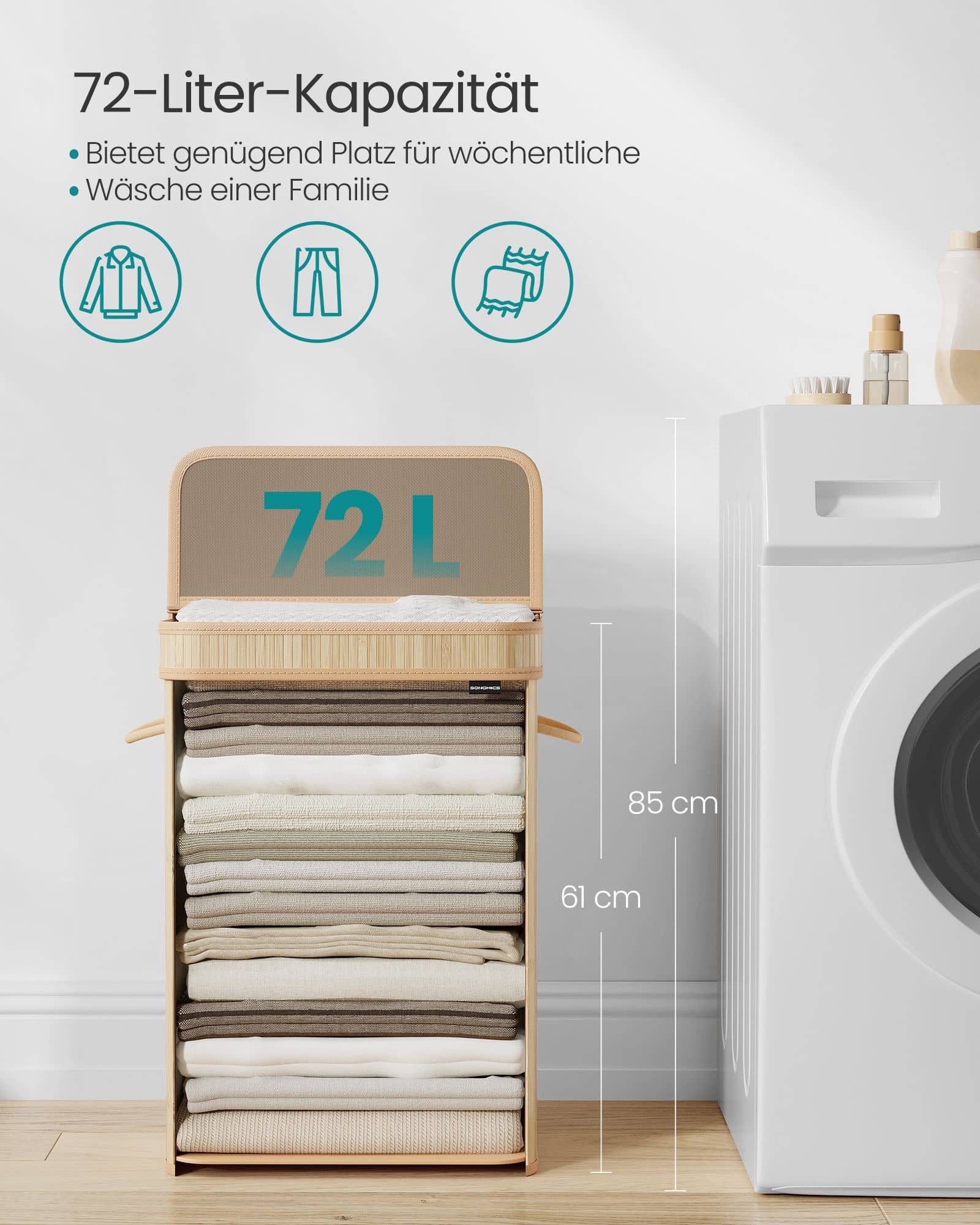 Wäschekorb mit Deckel aus Bambus 72 Liter naturbeige Wäschekorb mit Deckel aus Bambus 72 Liter naturbeige