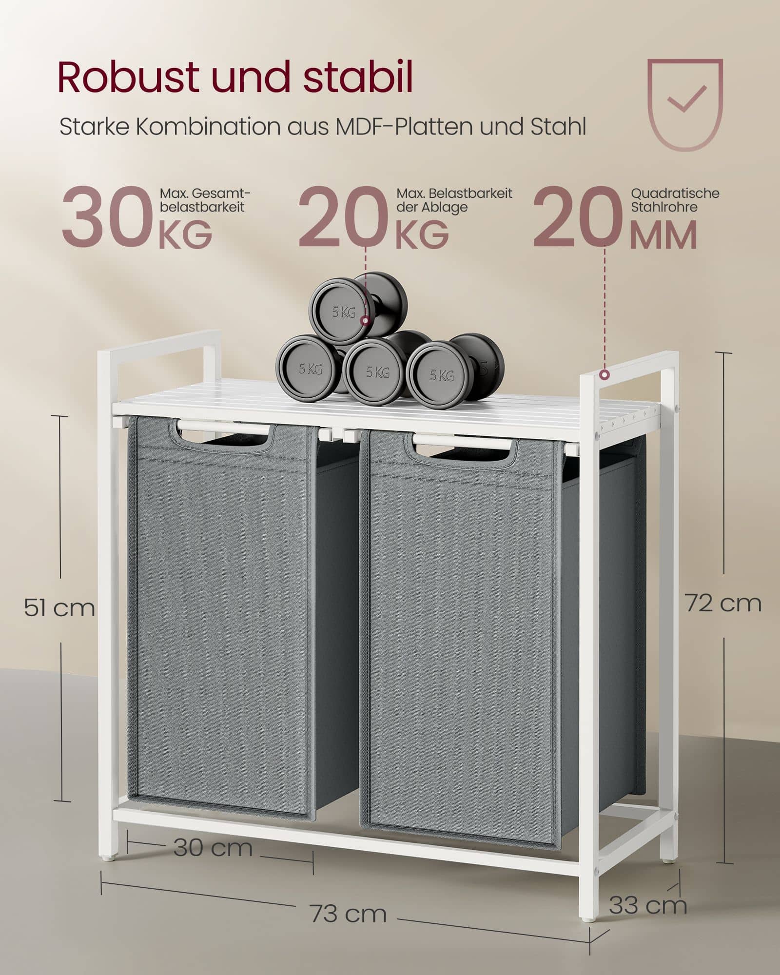 Wäschekorb 2 x 46 Liter mit Ablage 73 x 33 x 72 cm Wäschekorb 2 x 46 Liter mit Ablage 73 x 33 x 72 cm