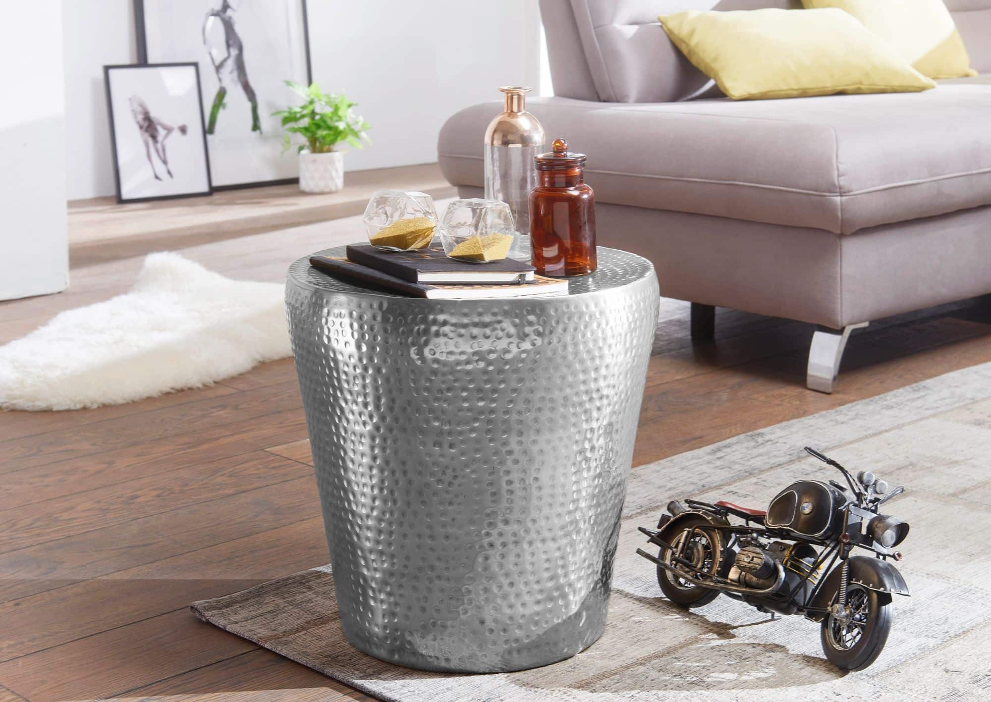 46250-WOHNLING-Beistelltisch-VIKRAM-Aluminium-40x_1 Beistelltisch 41x41x41cm Aluminium Silber Dekotisch orientalisch rund
