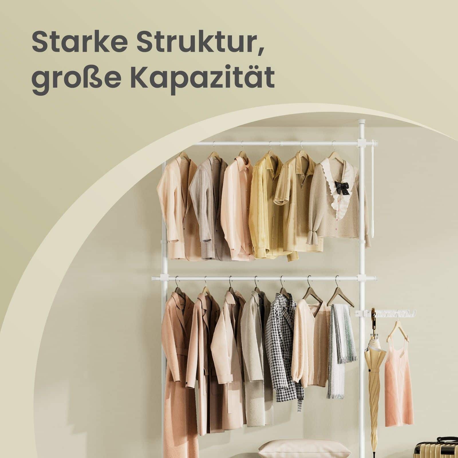 3-stufiger Kleiderständer, höhen- und breitenverstellbar, offene Garderobe mit 2 Kleiderstangen und 1 Ablage 3-stufiger Kleiderständer, höhen- und breitenverstellbar, offene Garderobe mit 2 Kleiderstangen und 1 Ablage