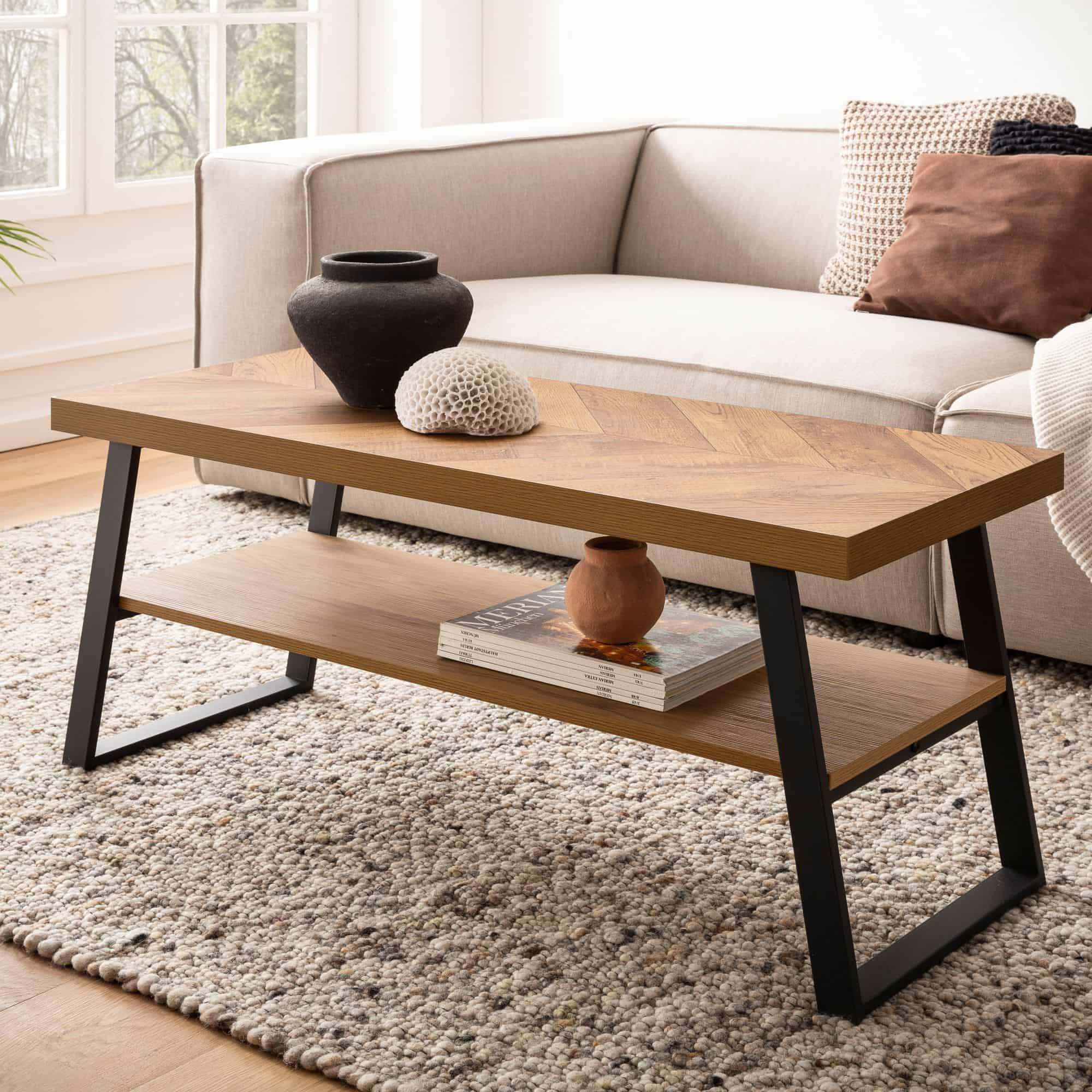 Couchtisch 100x40x41 cm Sofatisch Braun mit Fischgrät-Muster