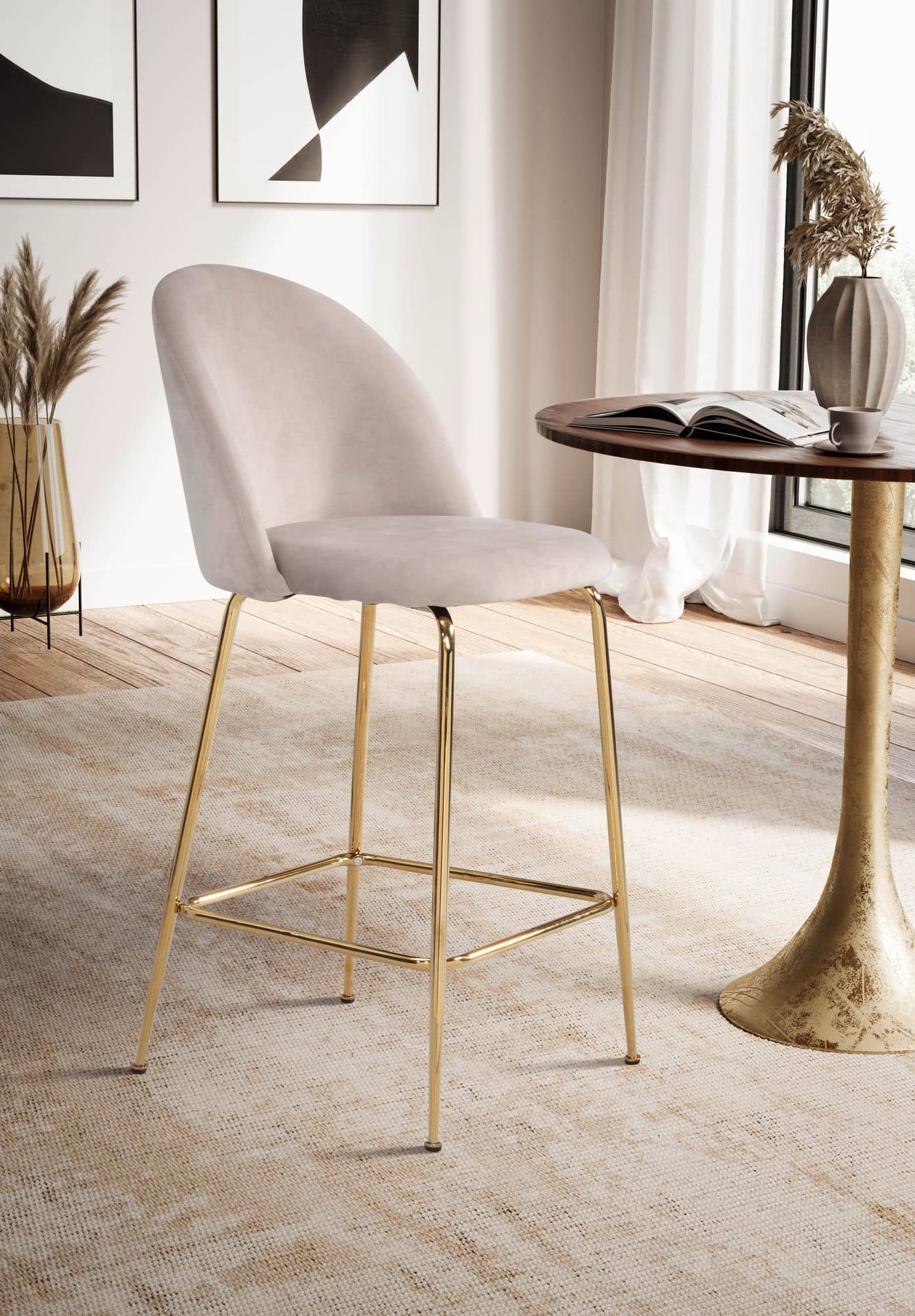 2er Set Barhocker Samt Beige Hocker mit Lehne & goldenen Beinen 2er Set Barhocker Samt Beige Hocker mit Lehne & goldenen Beinen