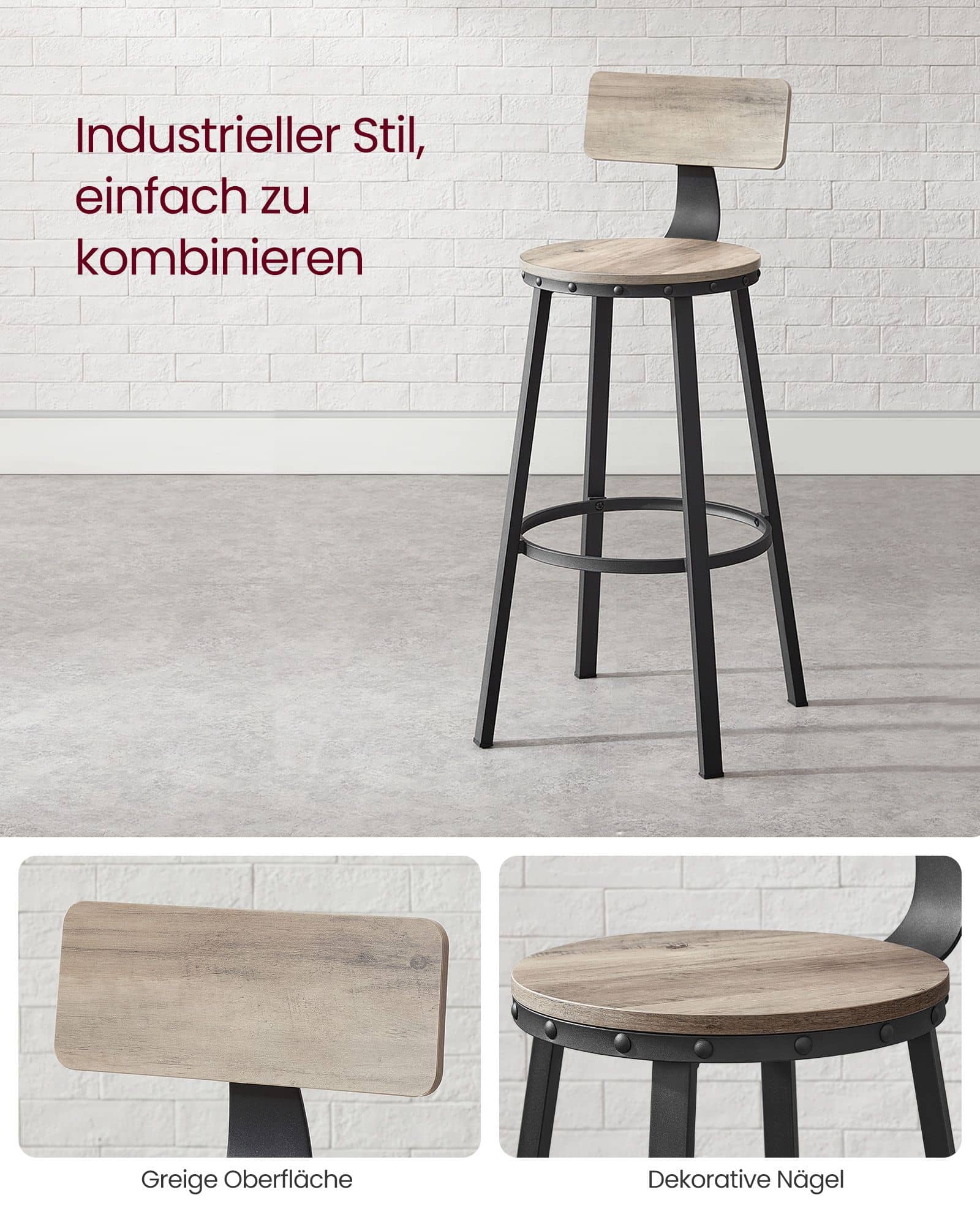Barhocker 2er Set Greige-Schwarz Barhocker 2er Set Greige-Schwarz
