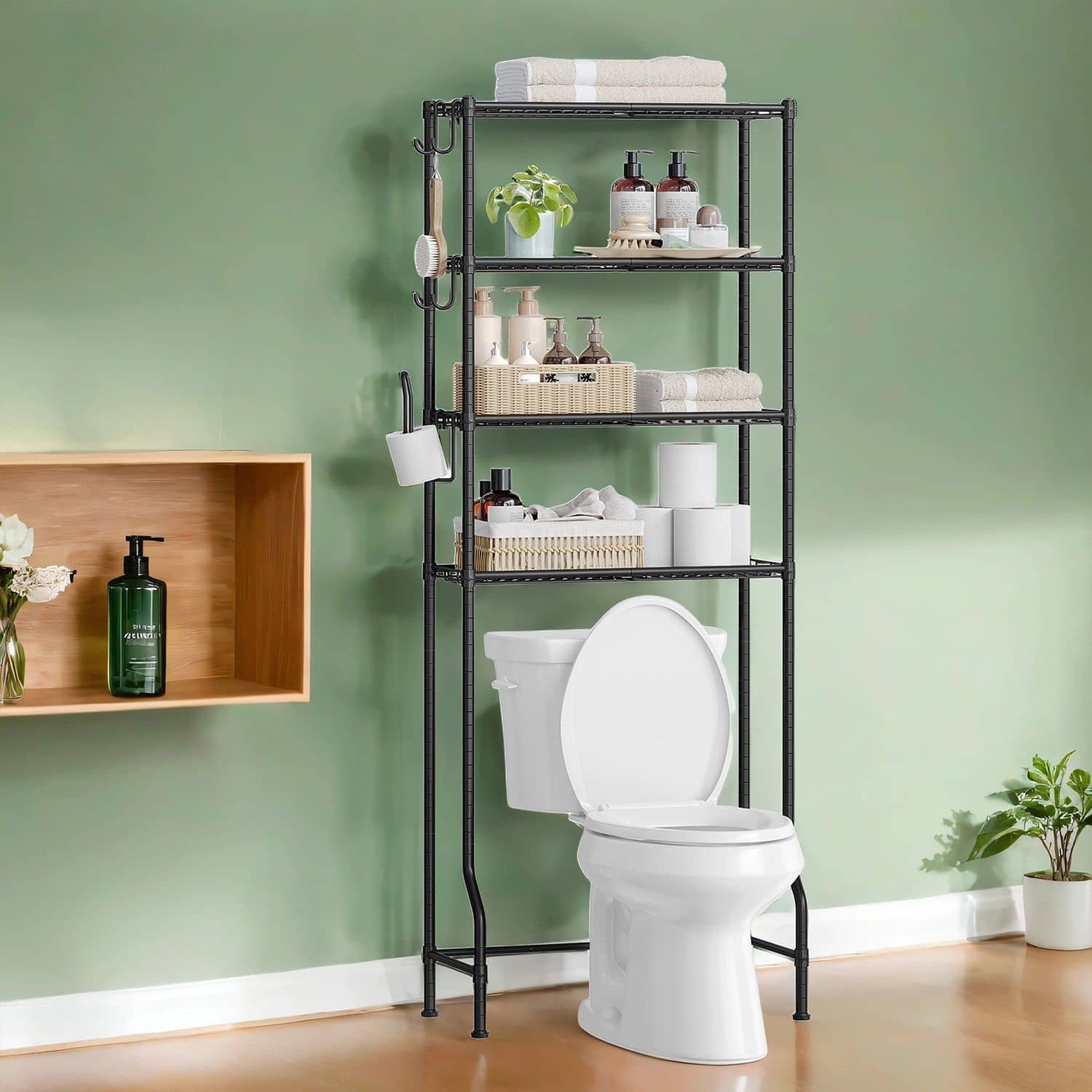 4-stöckiges Toilettenregal mit Haken platzsparend schwarz 4-stöckiges Toilettenregal mit Haken platzsparend schwarz