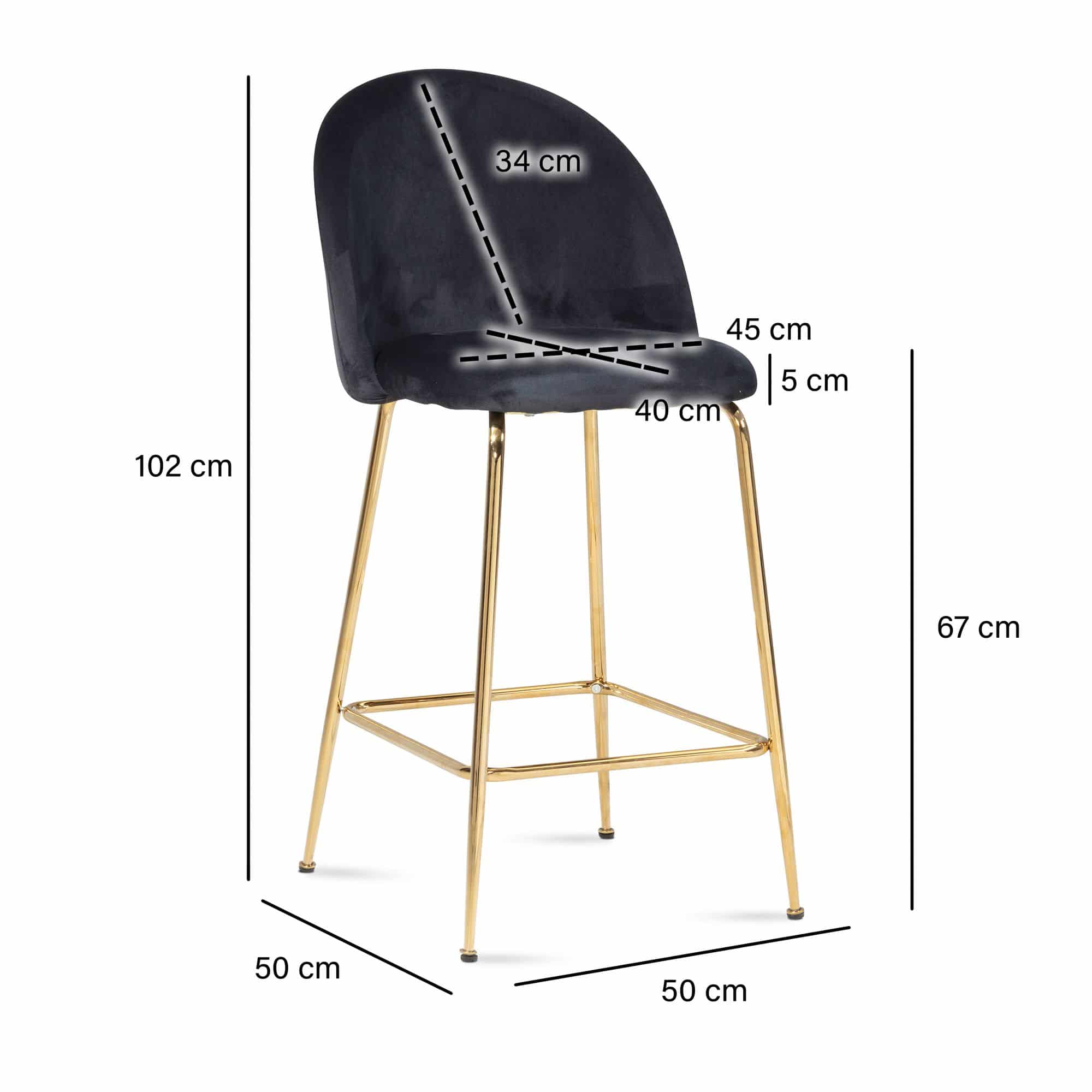 2er Set Barhocker Samt Schwarz Hocker mit Lehne & goldenen Beinen