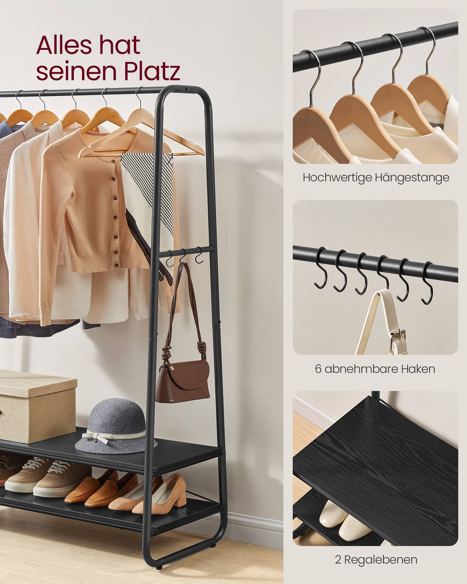 Kleiderständer mit 2 Ablagen ebenholzschwarz-mattschwarz Kleiderständer mit 2 Ablagen ebenholzschwarz-mattschwarz