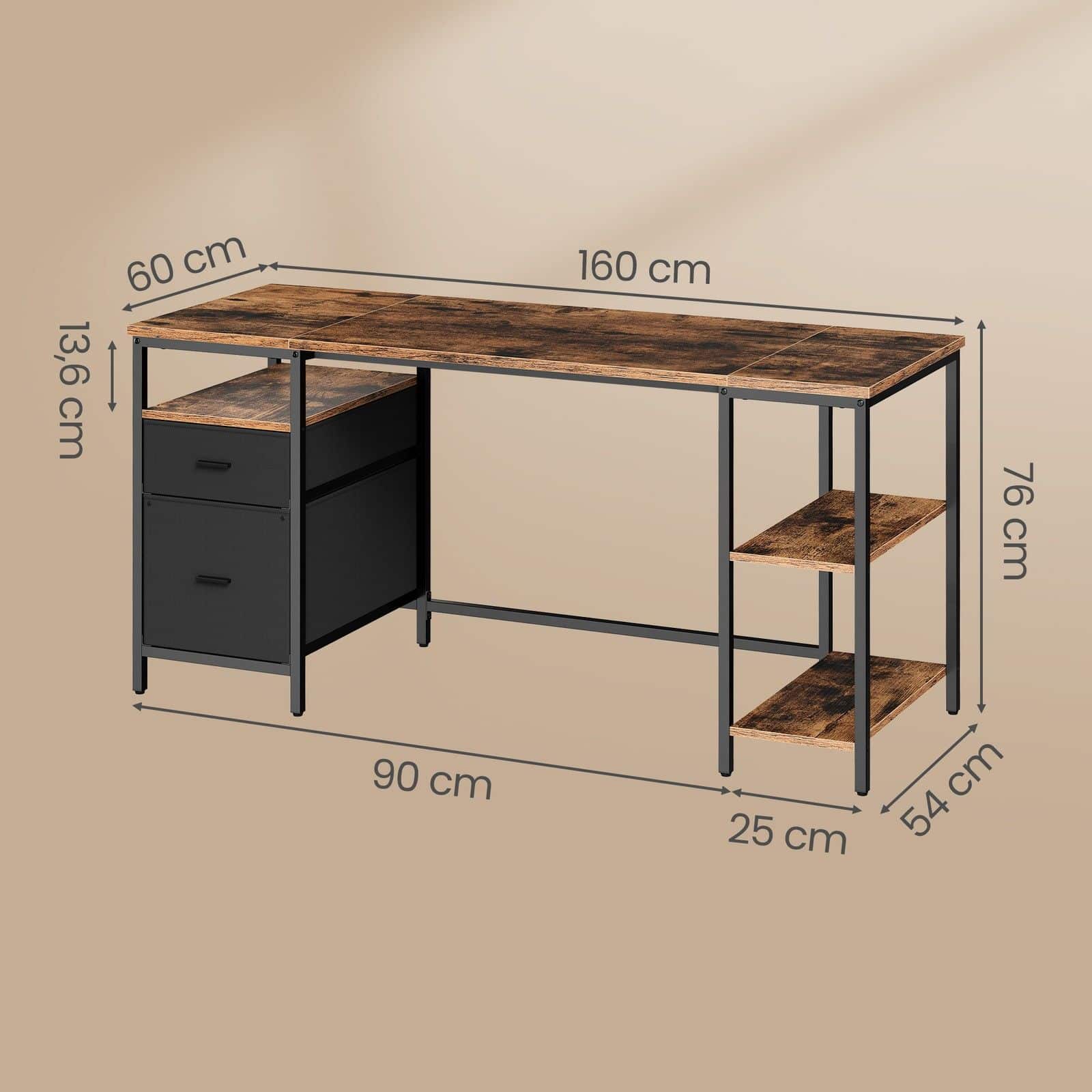 Computertisch mit 3 Ablagen und 2 Schubladen vintagebraun-schwarz
