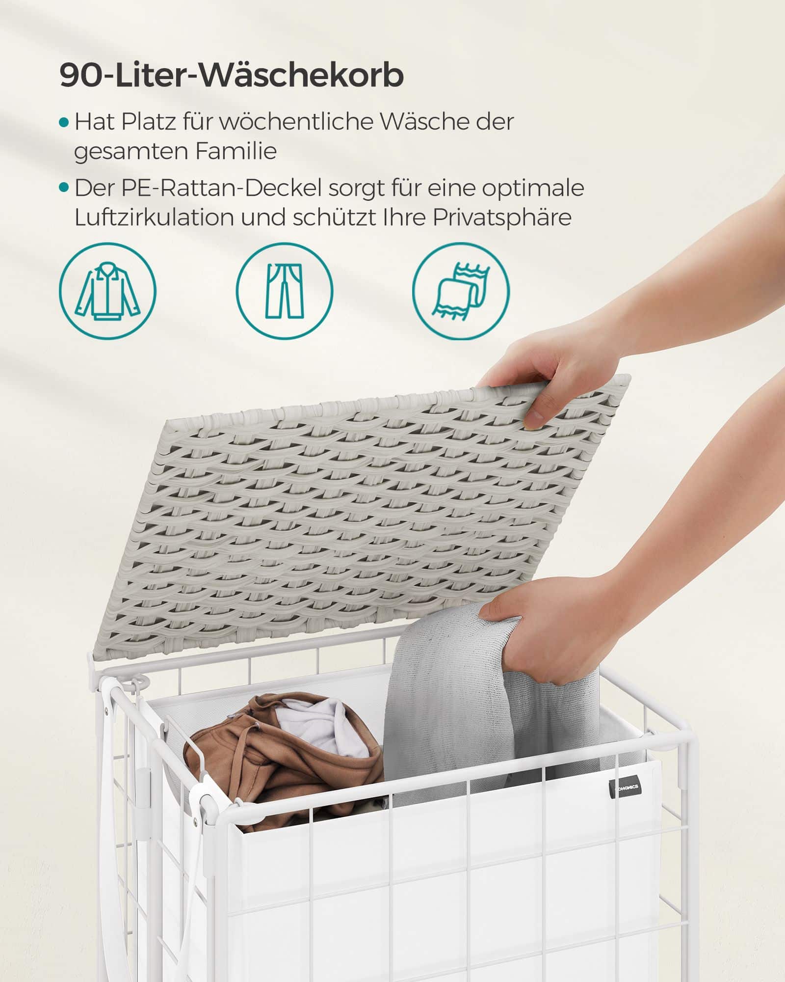 Wäschesammler mit Rollen und Wäschesack wolkenweiß Wäschesammler mit Rollen und Wäschesack wolkenweiß