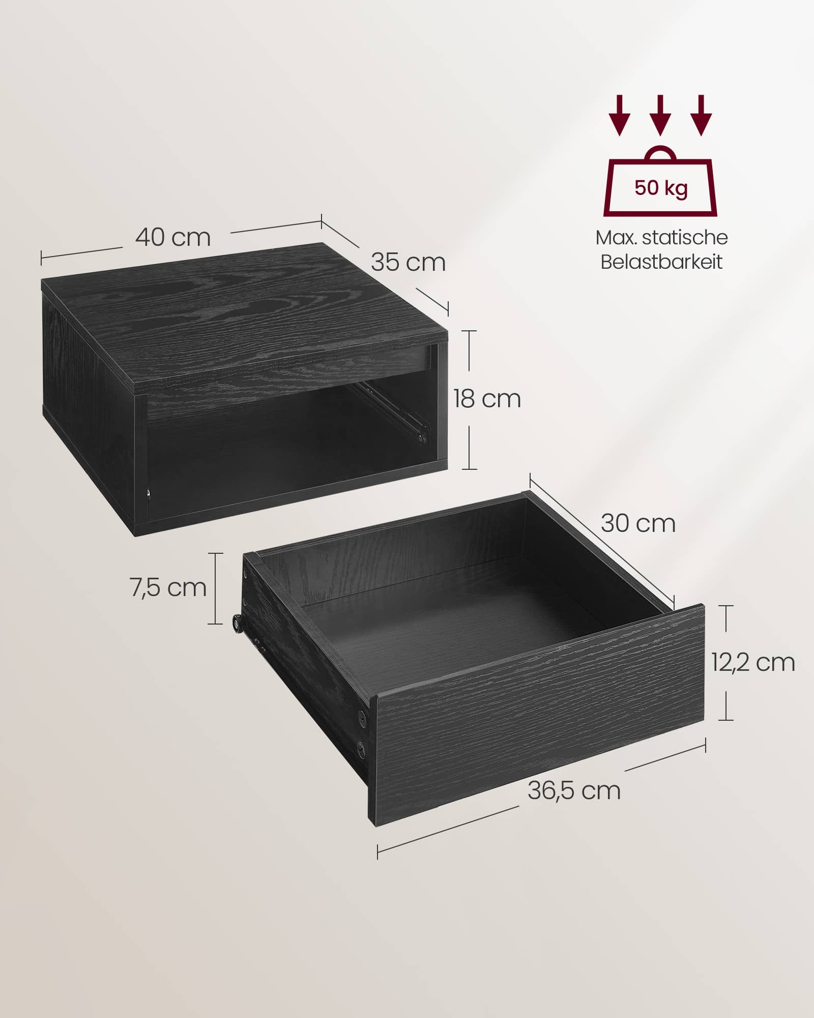 Nachttisch hängend mit Leuchten in 3 Farben ebenholzschwarz Nachttisch hängend mit Leuchten in 3 Farben ebenholzschwarz