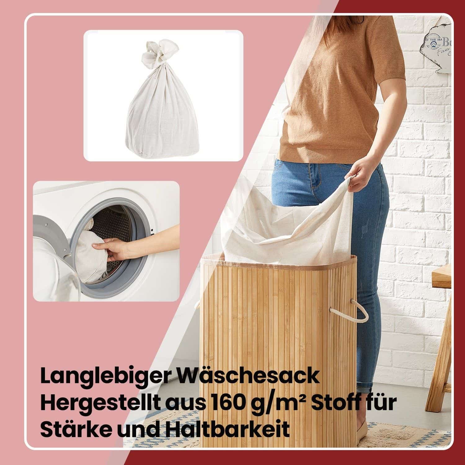 Wäschekorb mit Deckel, 72 L, Wäschesammler aus Bambus Wäschekorb mit Deckel, 72 L, Wäschesammler aus Bambus