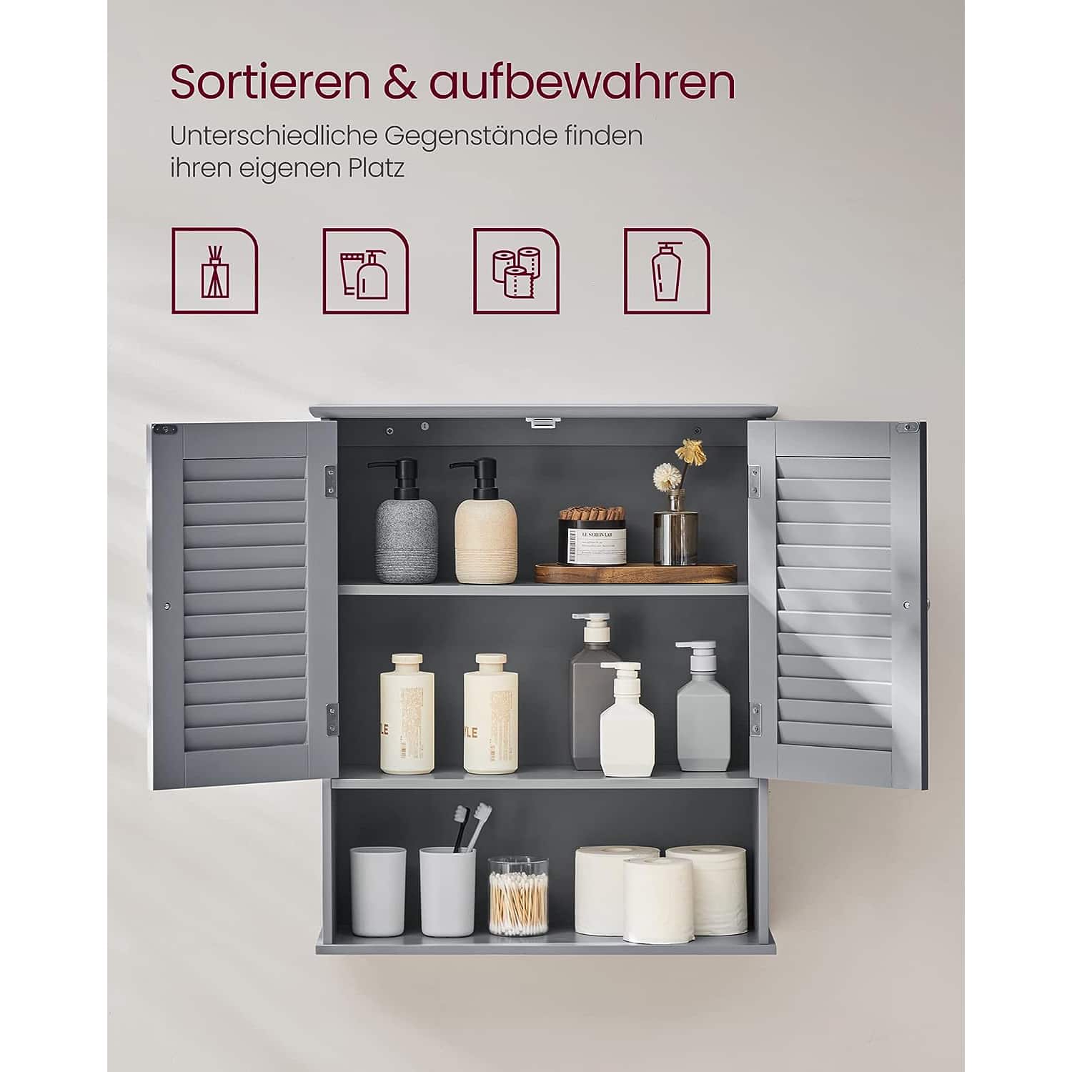 Badezimmerschrank mit verstellbarem Einlegeboden und Lamellentüren Badezimmerschrank mit verstellbarem Einlegeboden und Lamellentüren