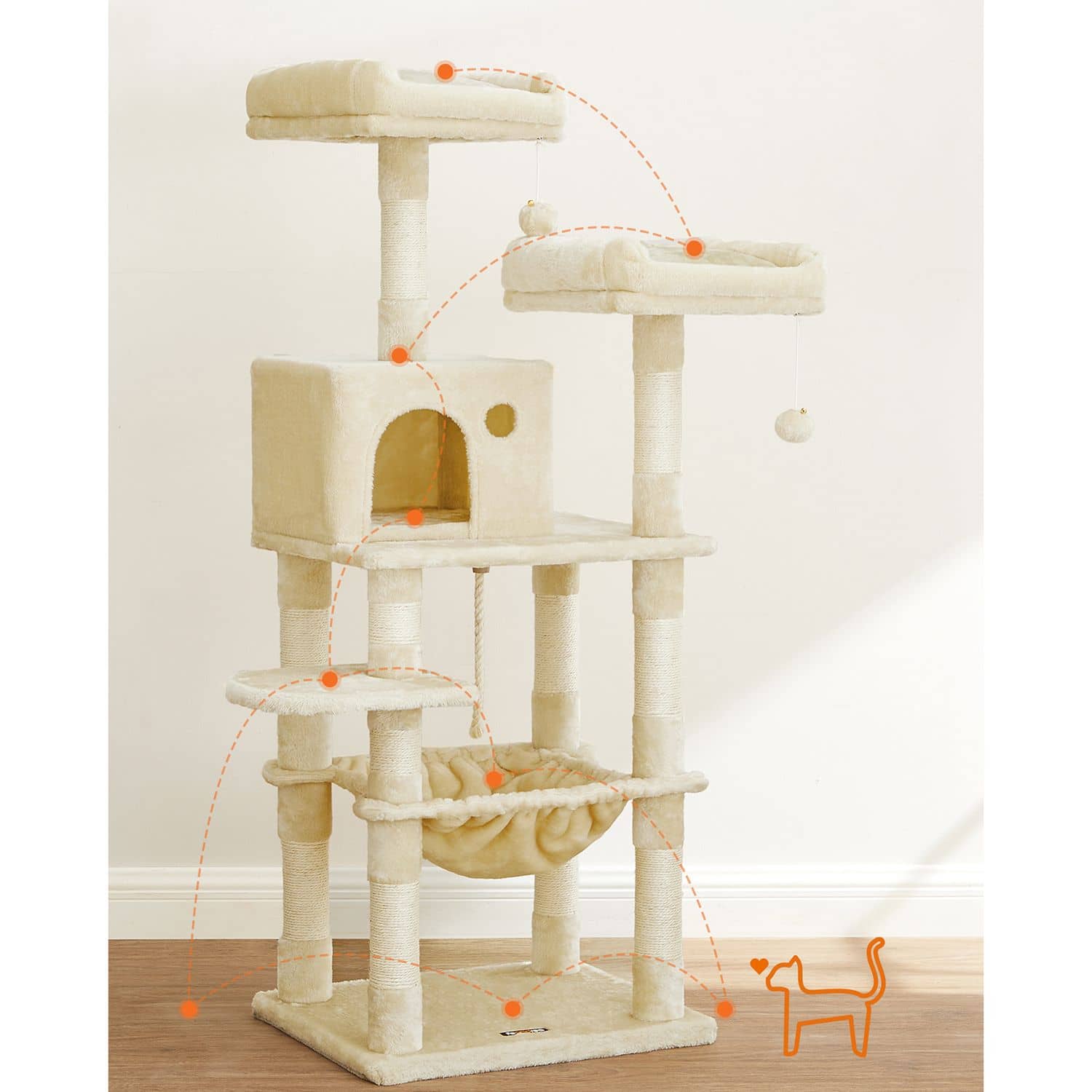 Kratzbaum mit Hängematte 143 cm Beige-B34PCT15BE Kratzbaum mit Hängematte 143 cm Beige-B34PCT15BE