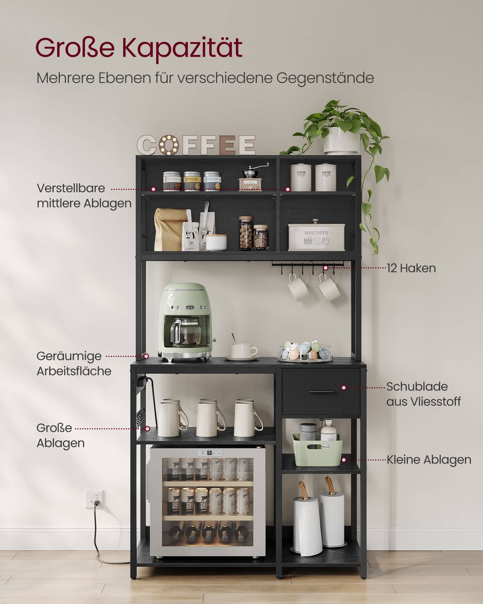 VASAGLE Küchenregal mit Steckdosen & Stoffschublade