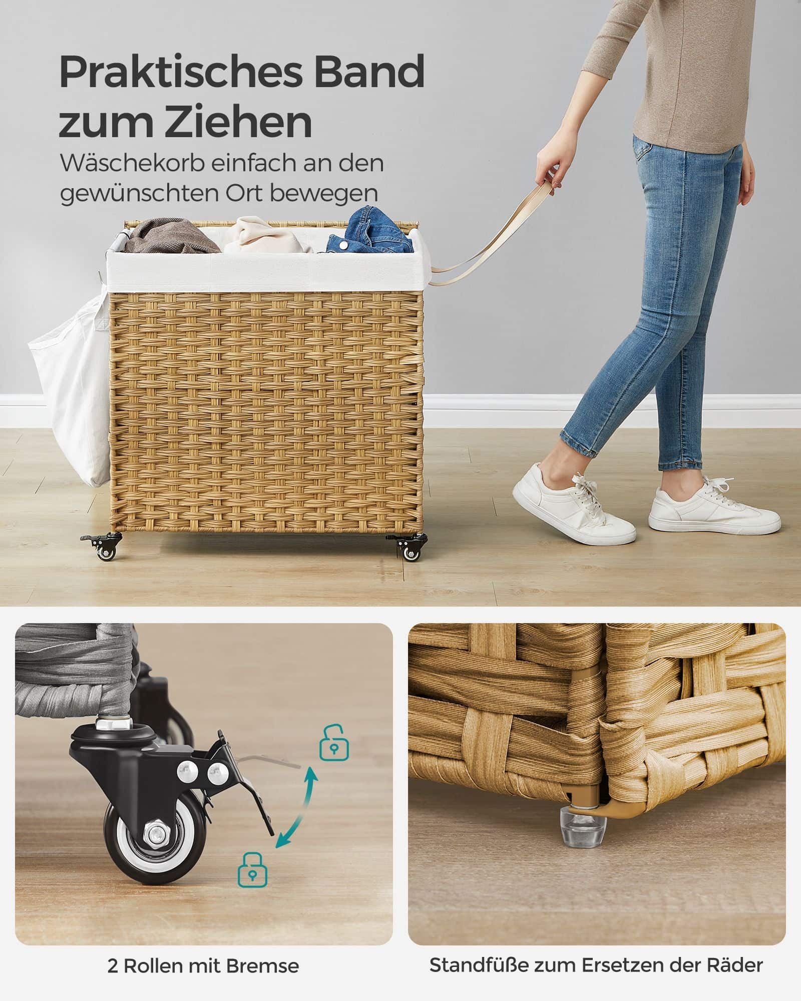 Wäschekorb mit 3 Fächern Naturfarben