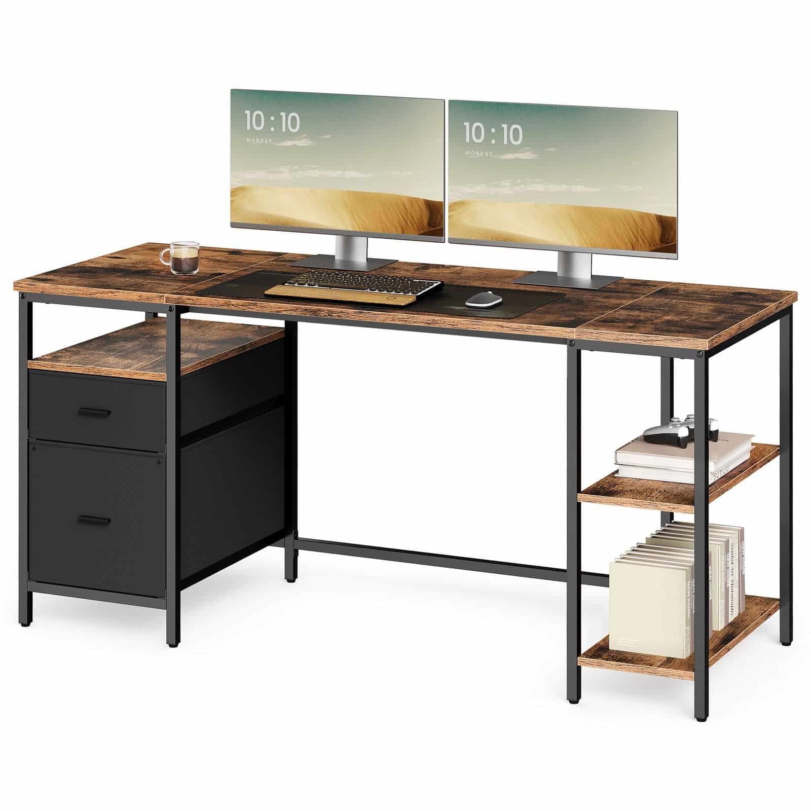 Computertisch mit 3 Ablagen und 2 Schubladen vintagebraun-schwarz