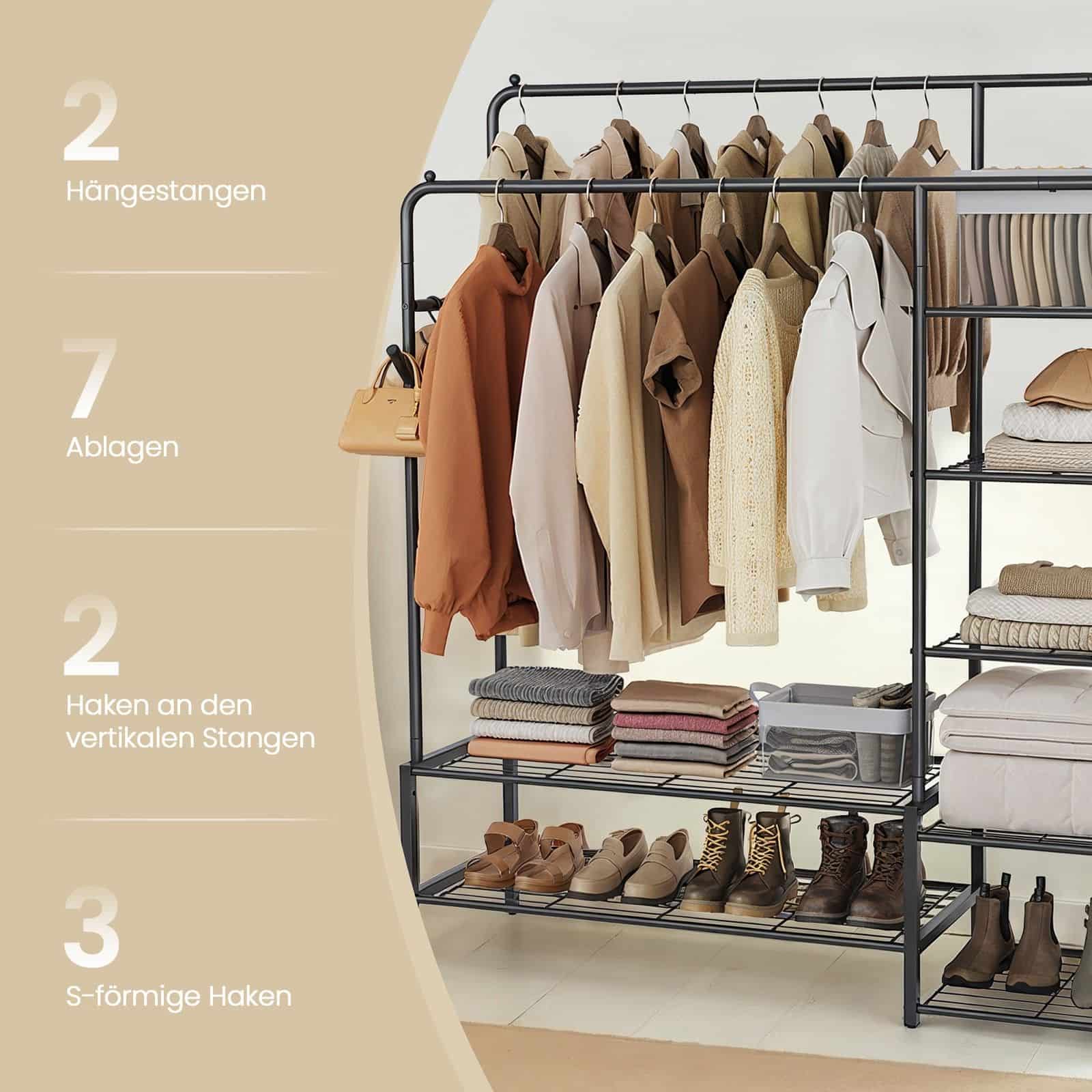 Kleiderständer, offener Kleiderschrank, Garderobenständer mit 7 Ablagen