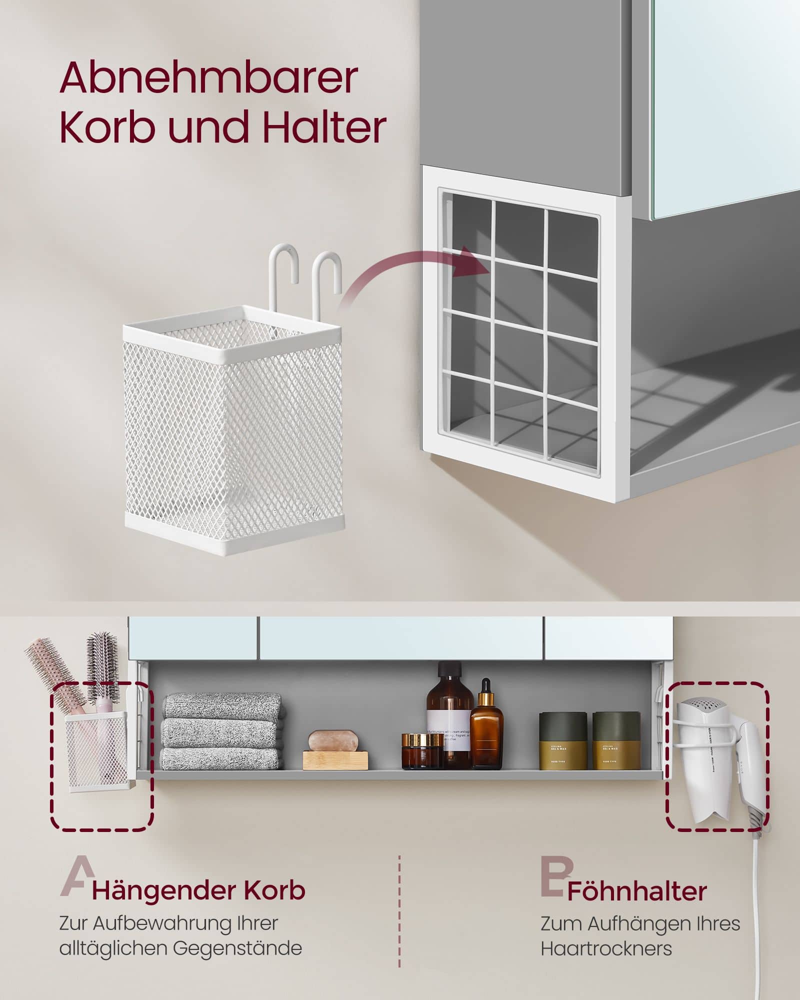 Badschrank mit Steckdosen und 3 Türen wolkenweiß-taubengrau Badschrank mit Steckdosen und 3 Türen wolkenweiß-taubengrau