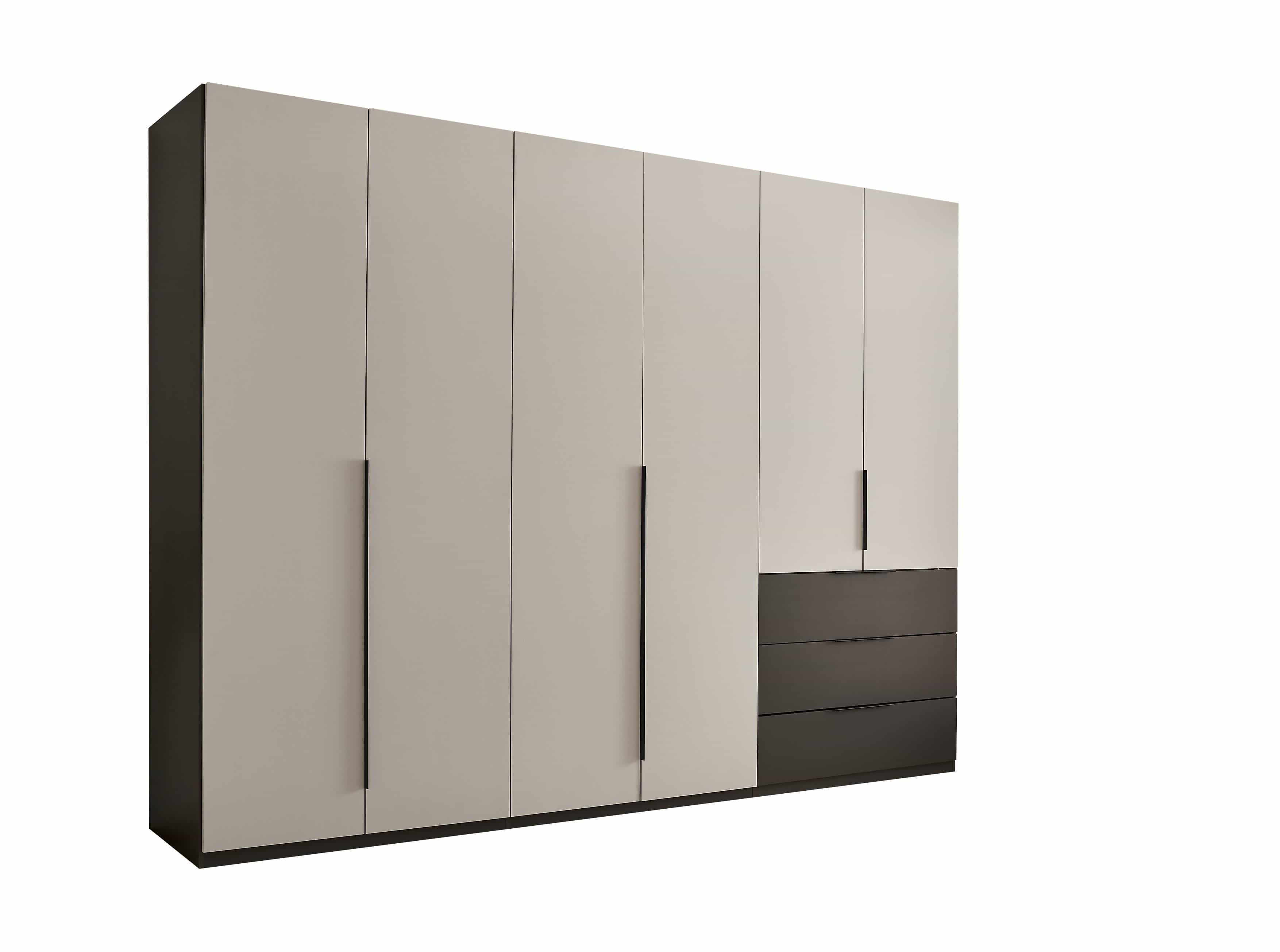 Nuka Kleiderschrank graphitgrau/hellgrau – 300 cm breit, mit Schubladen & Drehtüren, modernes Design Nuka Kleiderschrank graphitgrau/hellgrau – 300 cm breit, mit Schubladen & Drehtüren, modernes Design