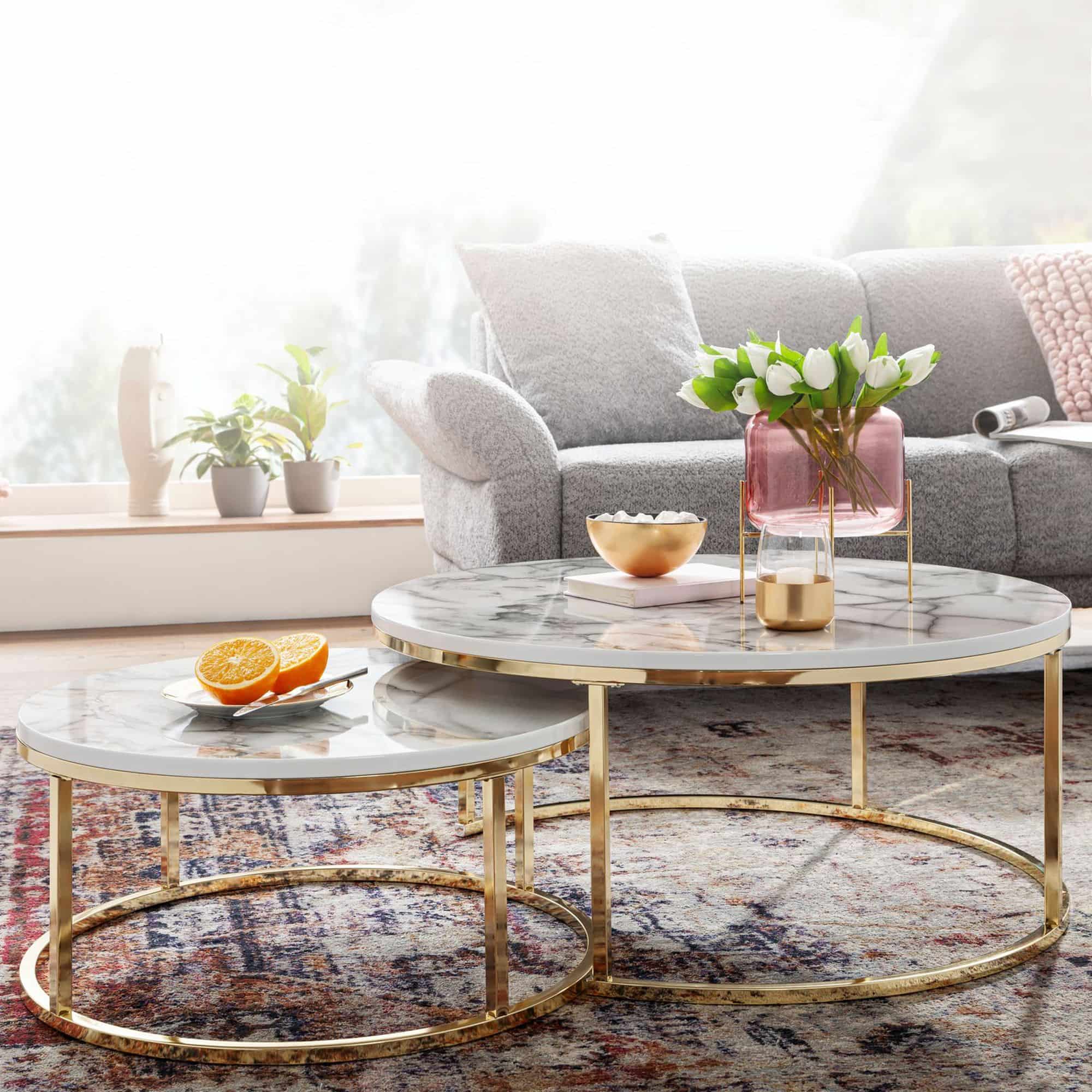 64464-WOHNLING-Couchtisch-2er-Set-Weiss-Gold-Marmor-Optik-Sofatisch-Rund-Modern-Couchtische-2-teilig-Metall-Runde-Wohnzimmertische-Design-Satztische-holz-runder-moderner-moderne-ma Couchtisch 2er Set Weiß Gold Marmor Optik Sofatisch Rund Modern