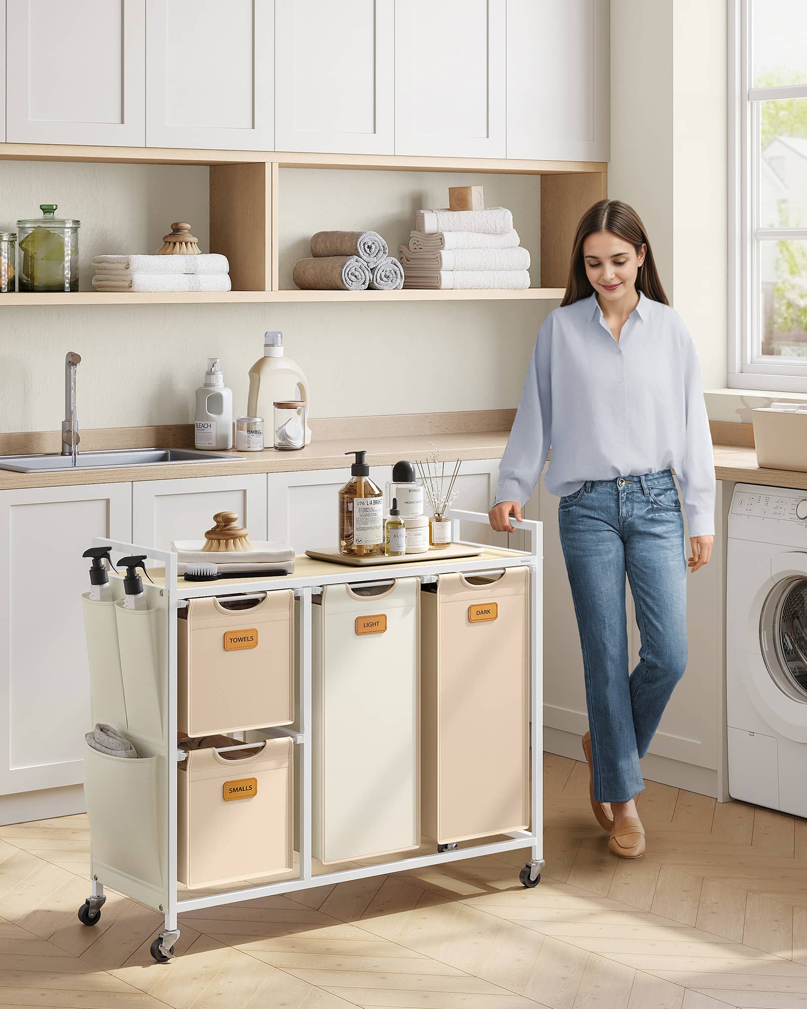 Wäschekorb 4 Fächer naturbeige-kamelbraun-cremeweiß