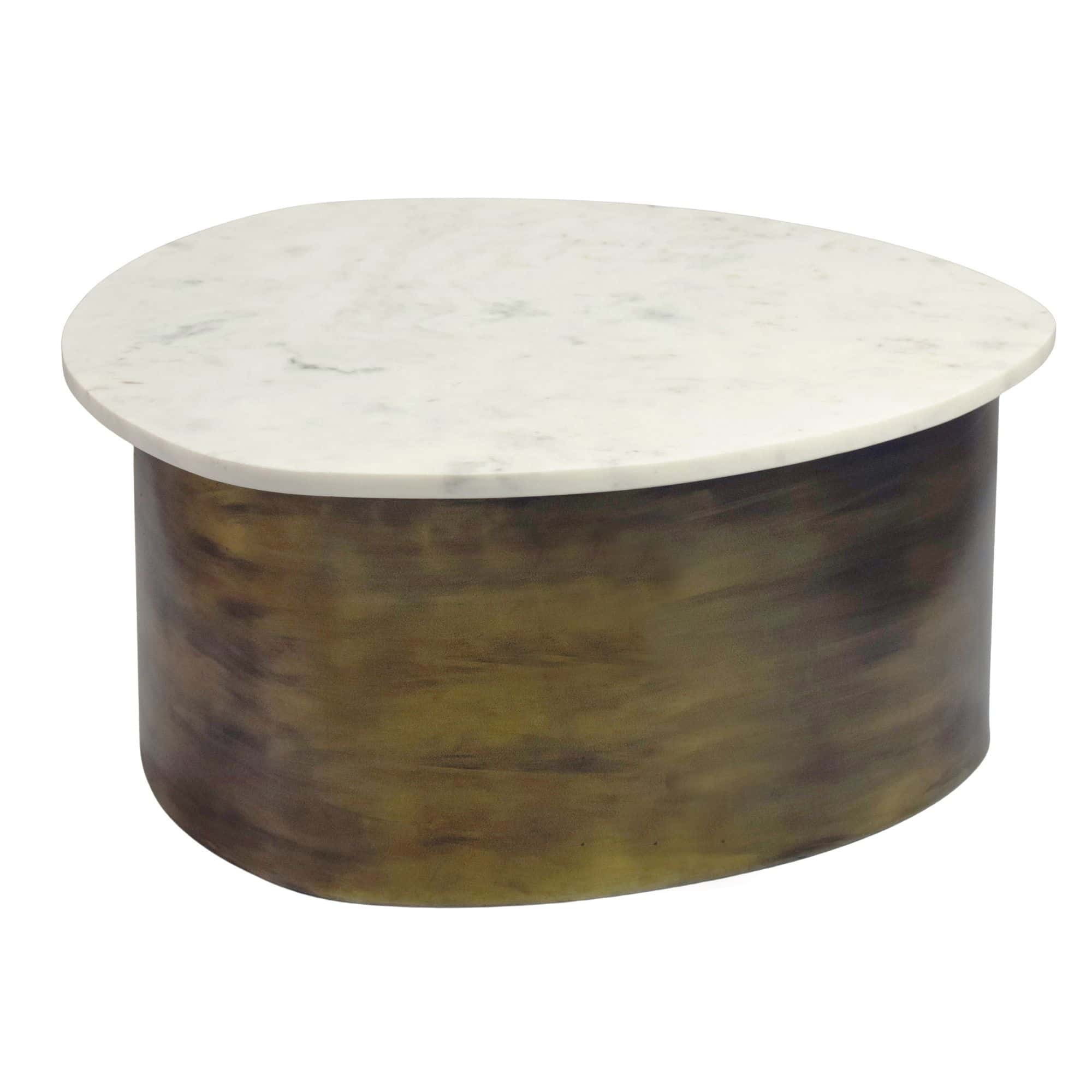 Couchtisch Gold 63cm mit weißer Marmor Tischplatte - Wohnzimmertisch Alu organische Form - Sofatisch Aluminium modern - Design Beistelltisch Metallgestell Handmade