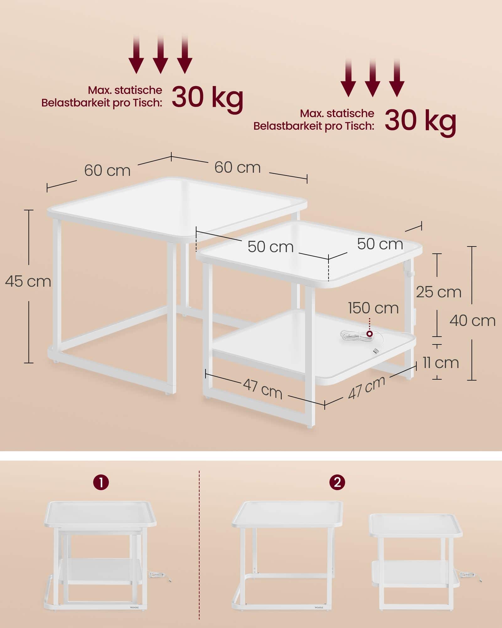 Couchtisch 2er-Set mit LED-Licht wolkenweiß-perlweiß Couchtisch 2er-Set mit LED-Licht wolkenweiß-perlweiß