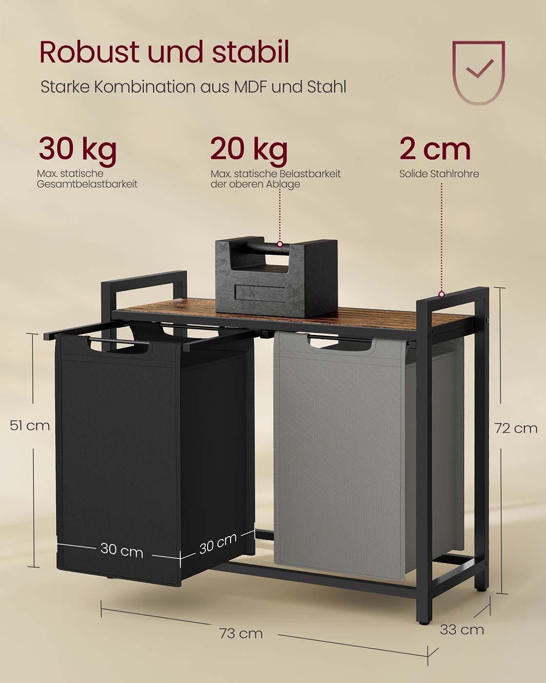 Wäschekorb 2 x 46 Liter mit Ablage 73 x 33 x 72 cm