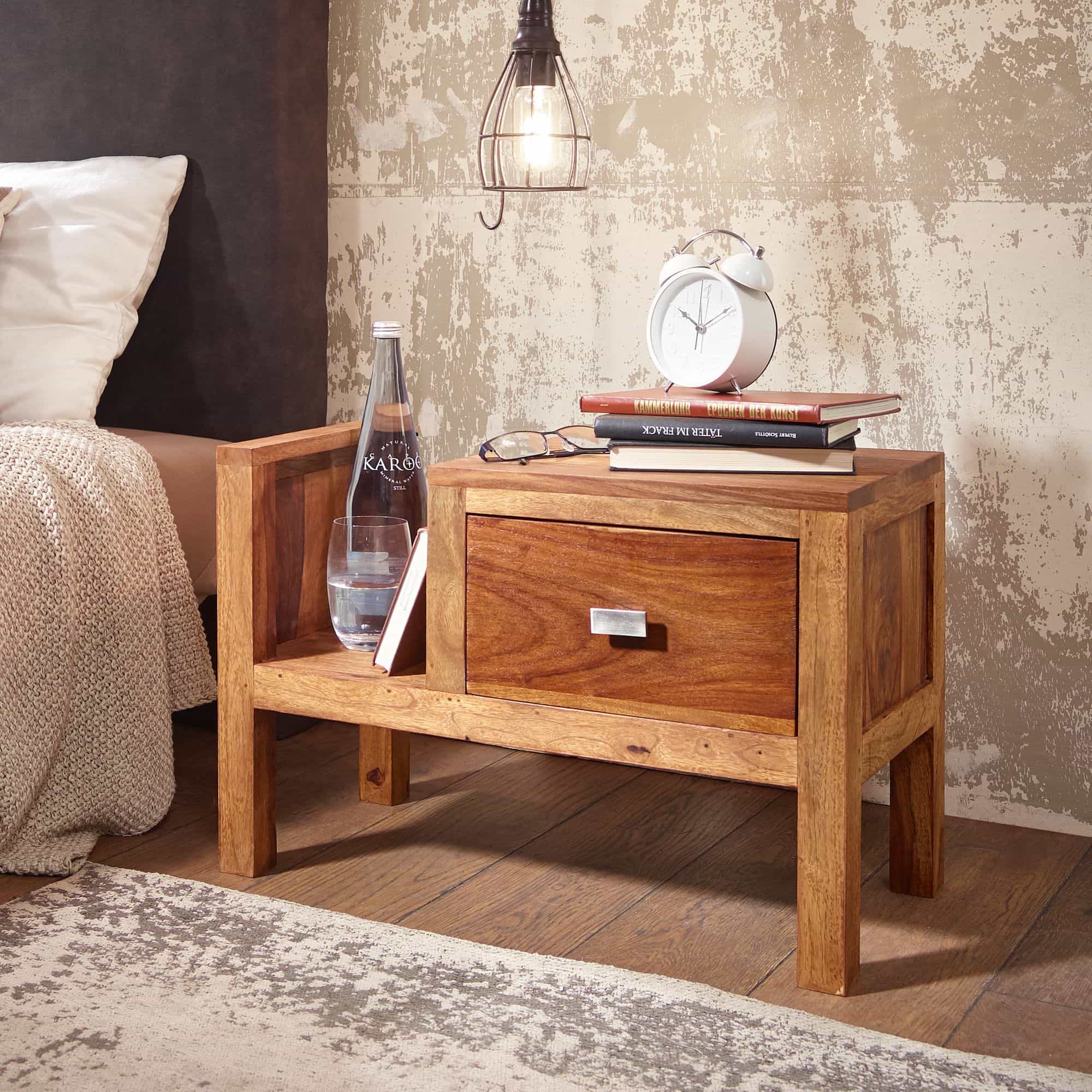 36250-WOHNLING-Nachttisch-MUMBAI-Massiv-Holz-SheeshLQci09jtBhQ4E Nachttisch MUMBAI Massiv-Holz Sheesham Nacht-Kommode 40 cm hoch Schublade mit Zeitungsablage Nachtschrank Echt-Holz