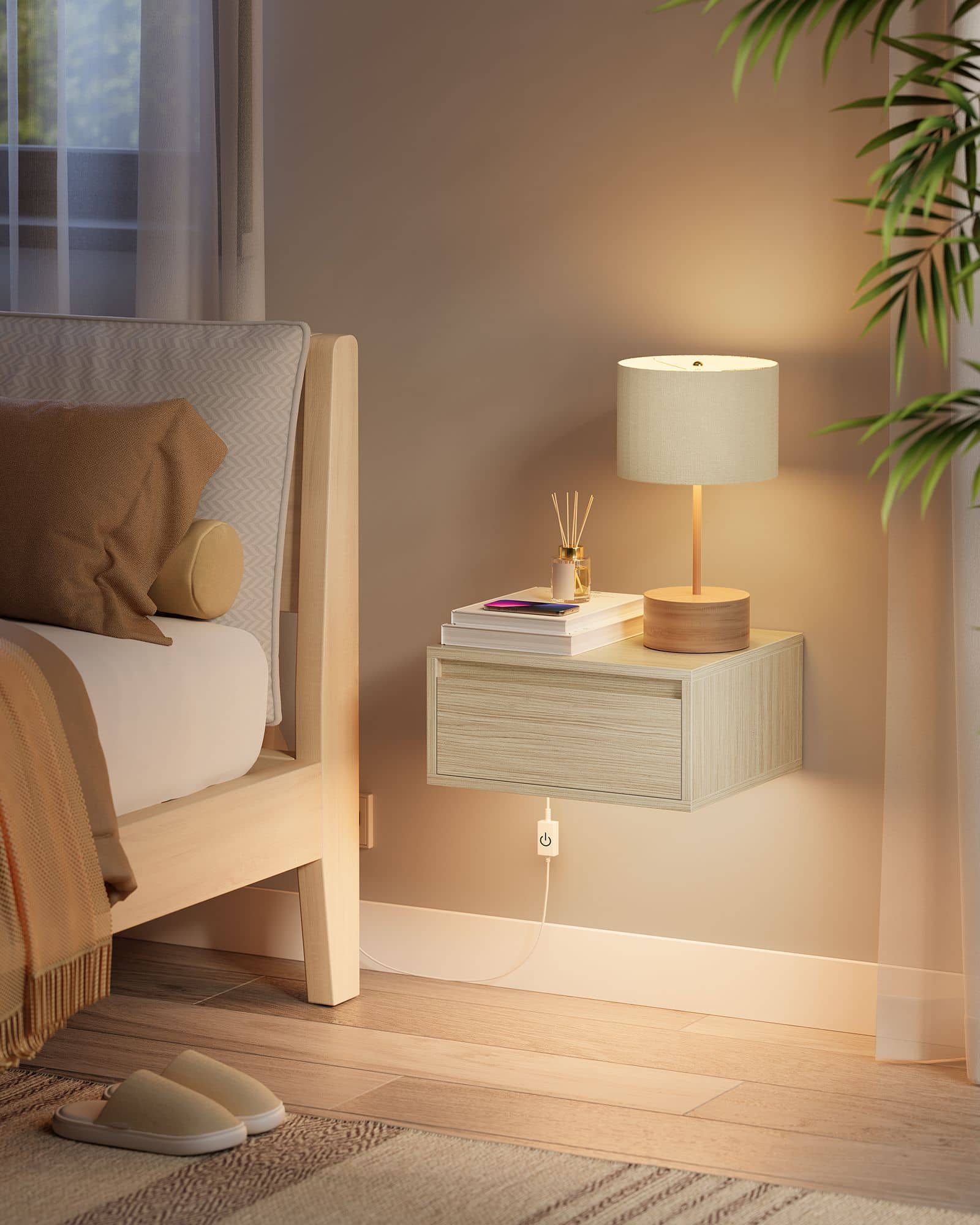Nachttisch hängend mit Leuchten in 3 Farben naturbeige Nachttisch hängend mit Leuchten in 3 Farben naturbeige