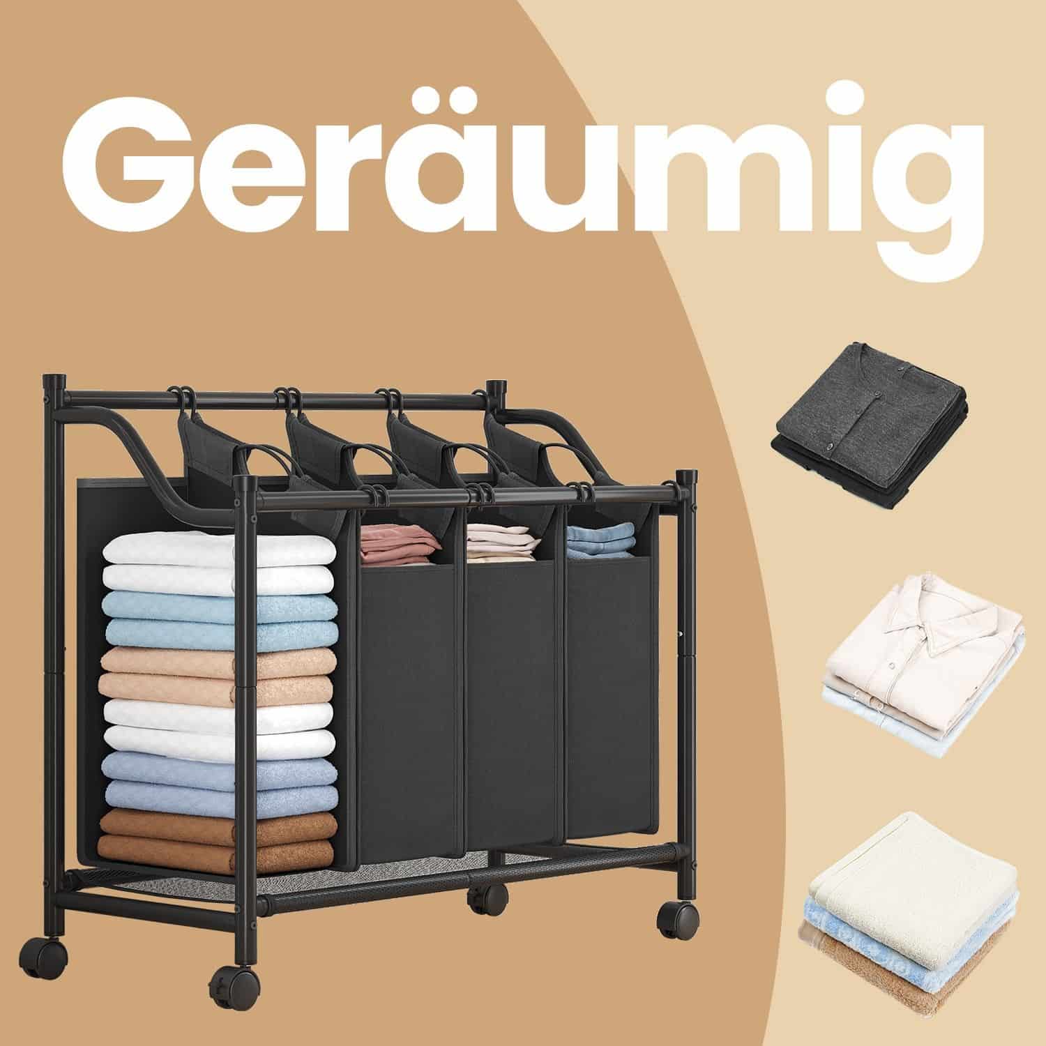 Wäschekorb mit Rollen, 4 x 35 L, Wäschesammler mit 4 abnehmbaren Wäschesäcken