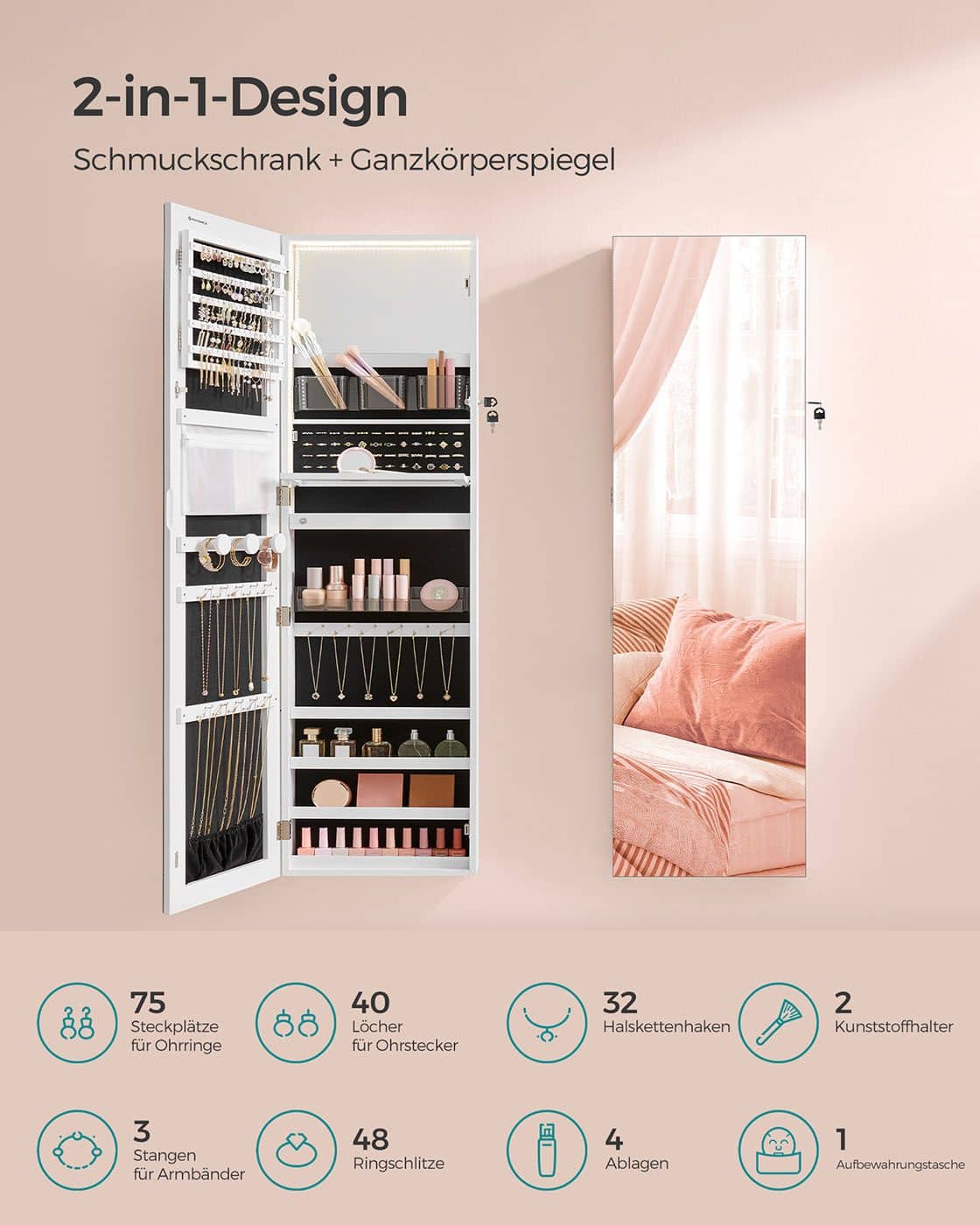 Schmuckschrank 140 cm hoch mit Innenspiegel wolkenweiß Schmuckschrank 140 cm hoch mit Innenspiegel wolkenweiß