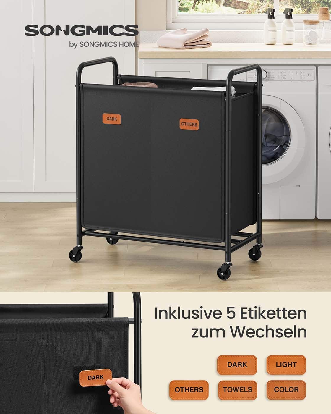 Wäschekorb 140 L mit Rollenund 2 Fächern tintenschwarz