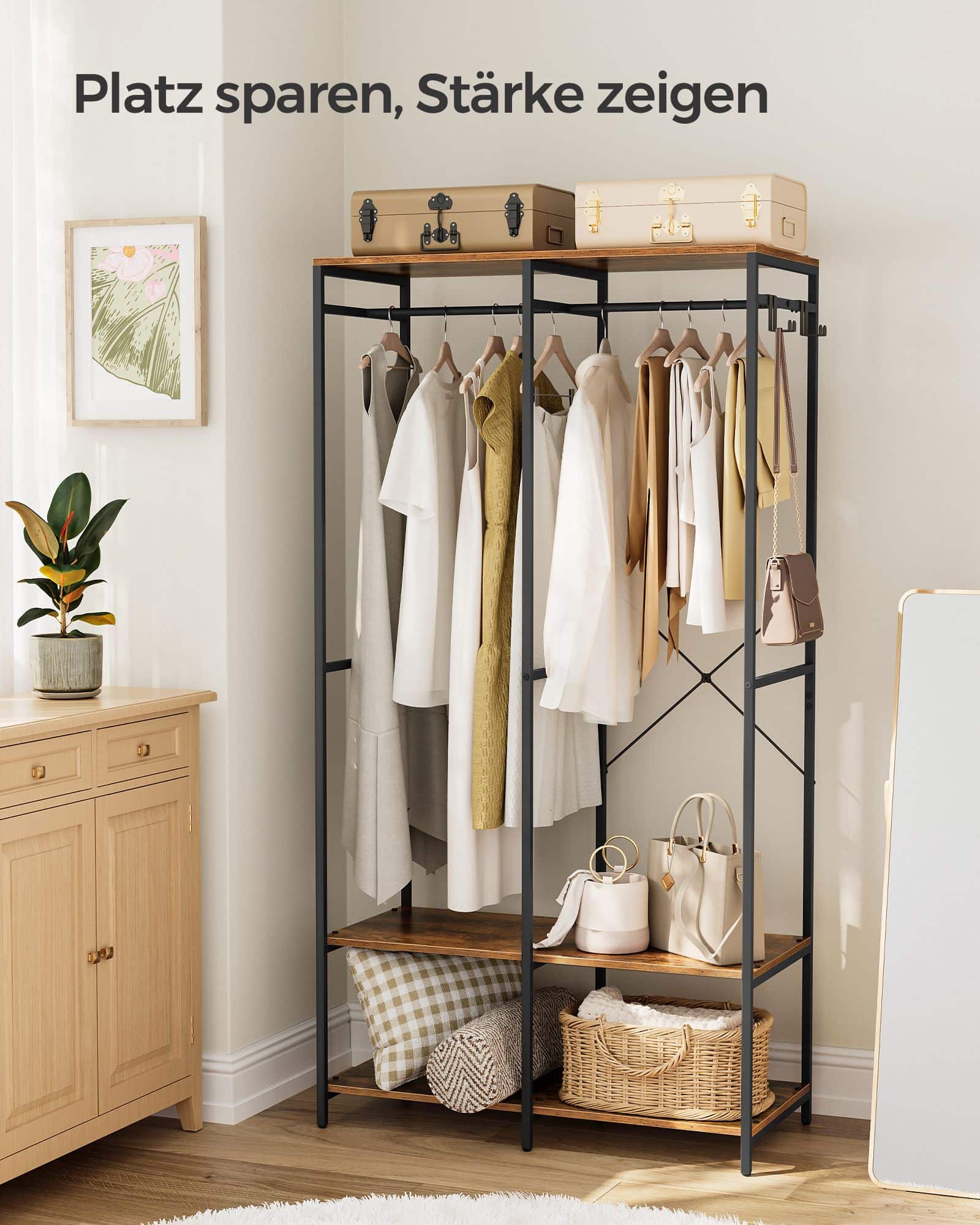 Kleiderschrank offen mit Kleiderstange vintagebraun Kleiderschrank offen mit Kleiderstange vintagebraun